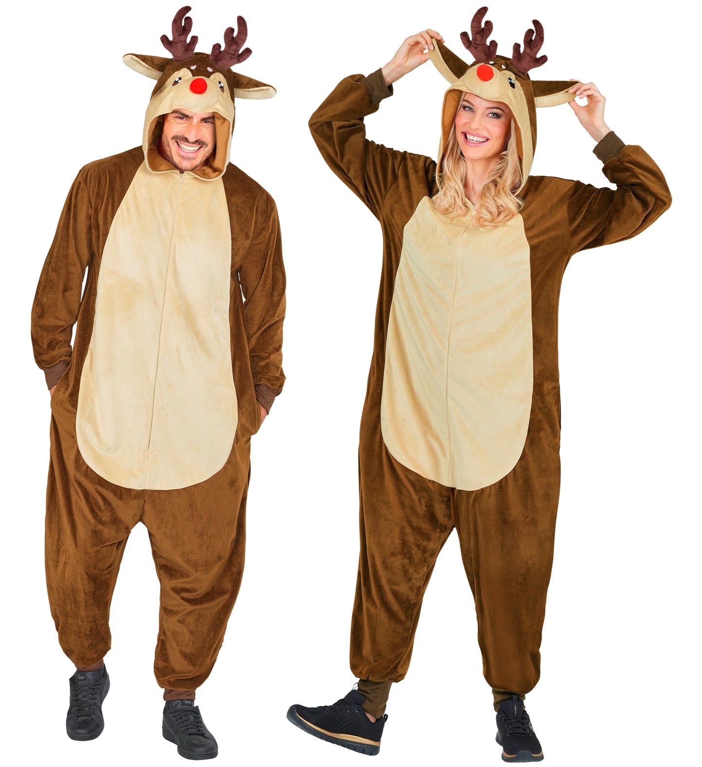 A man and woman modeling the soft brown plush reindeer onesie with antler hoods and light-coloured tummies.