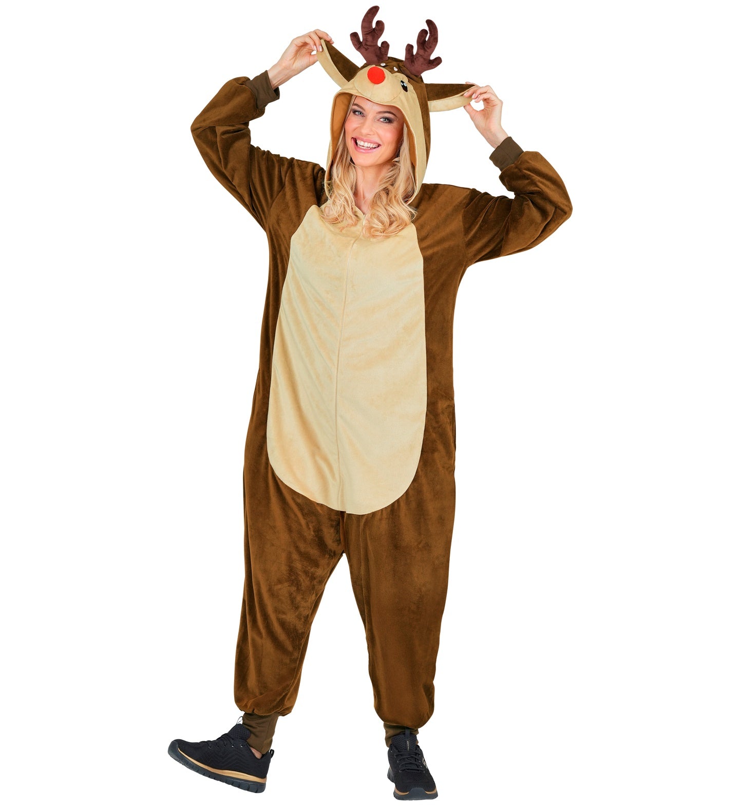 Person wearing a reindeer onesie on a white background