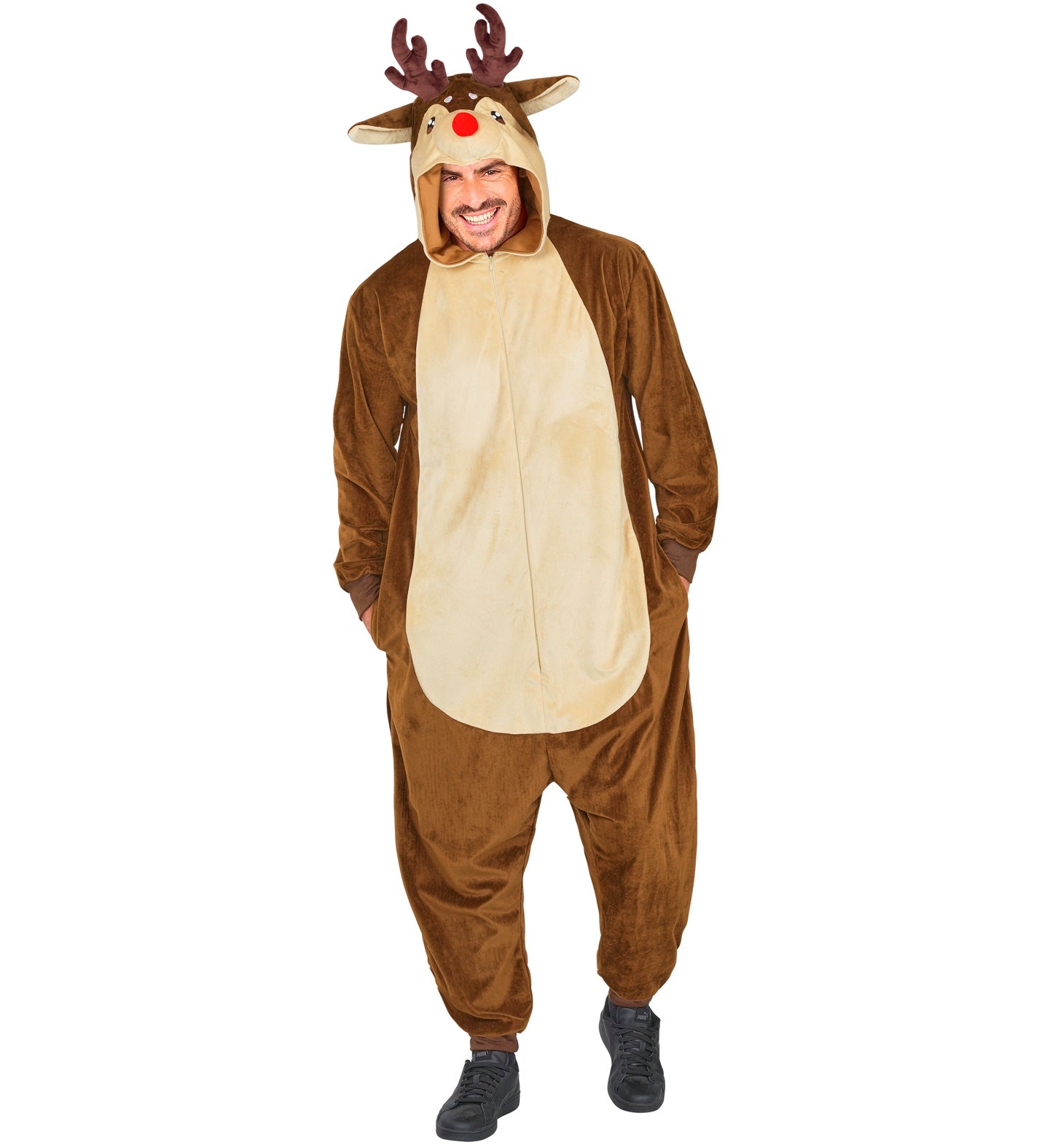 A man smiling and wearing the plush brown reindeer onesie with antlers and a red nose.