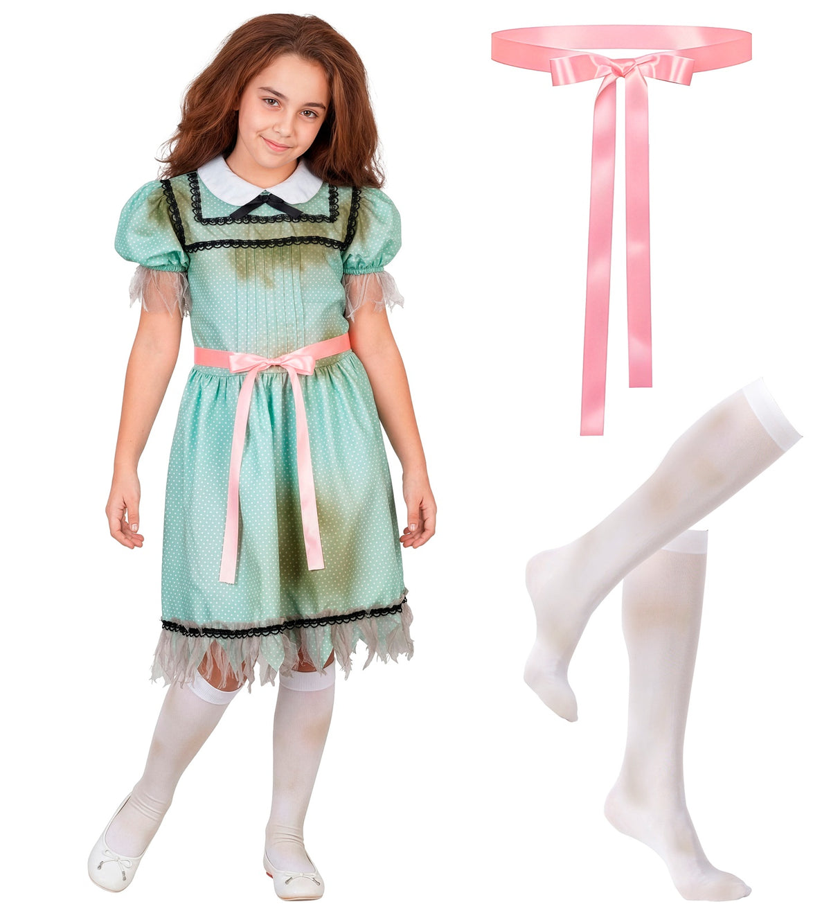 A split image showing a girl wearing a distressed green possessed girl costume, alongside cutout details of the pink satin belt and white knee-high socks.