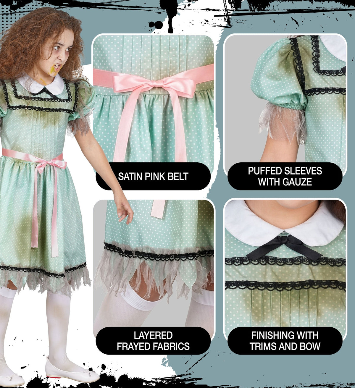 A collage highlighting details of a possessed girl costume, including the pink satin belt, puffed sleeves with gauze, layered frayed fabrics at the hem, and collar with black trim.