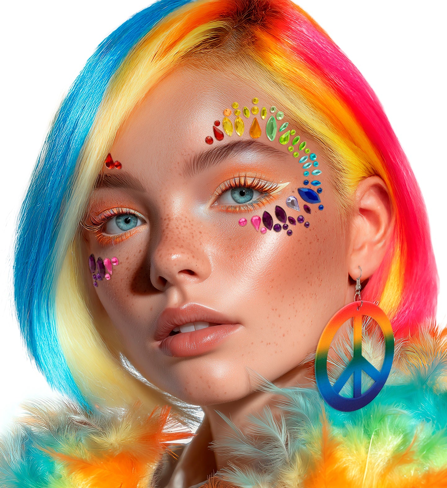 A person with vibrant rainbow hair wearing multicolored Pride face jewels and matching accessories.