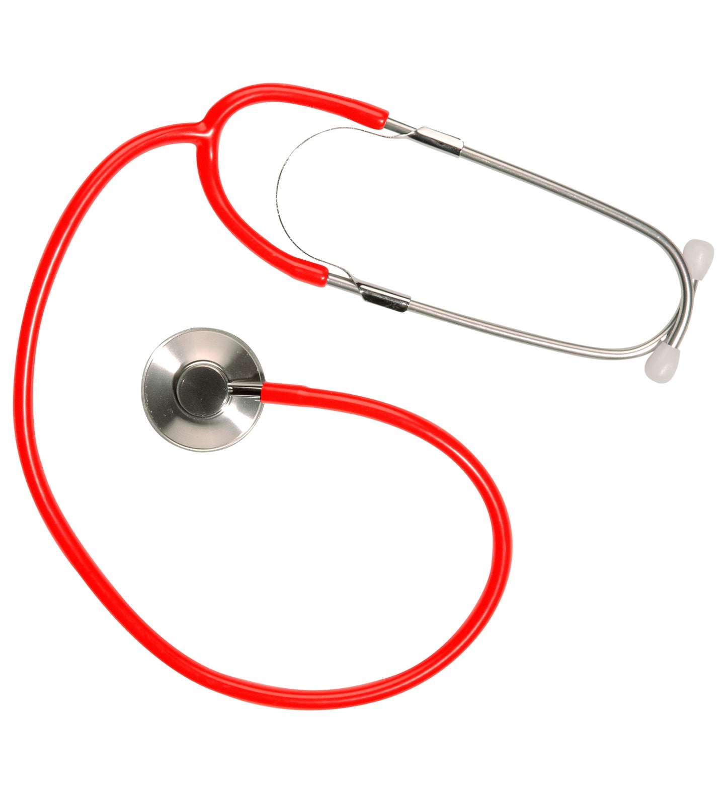 A red and silver doctor's stethoscope, neatly coiled, isolated on a white background.