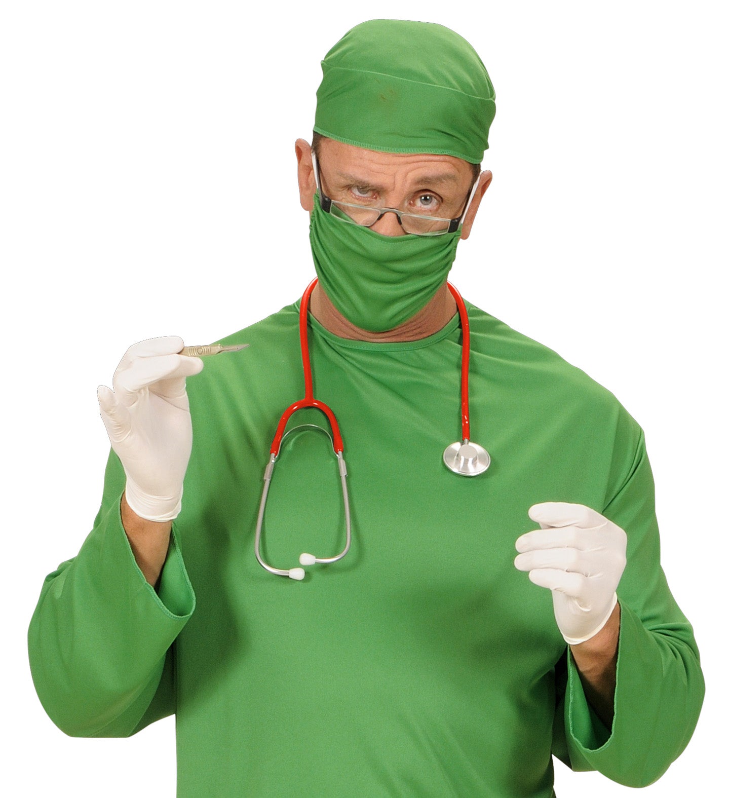 A person dressed in a green surgical gown and cap, wearing a face mask and glasses, holding a small scalpel and wearing a red doctor's stethoscope around their neck.