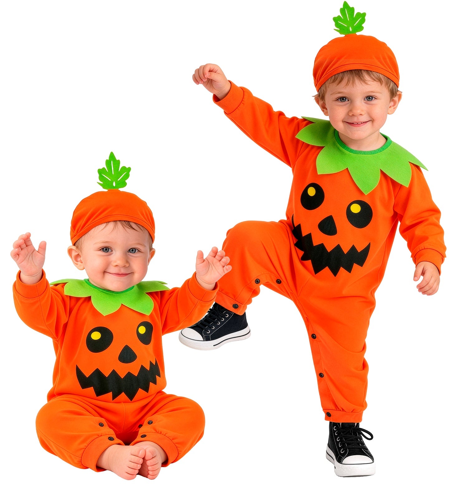 Two smiling children posing in matching bright orange pumpkin Halloween costumes; one child is sitting on the floor, and the other is standing with one leg raised playfully.