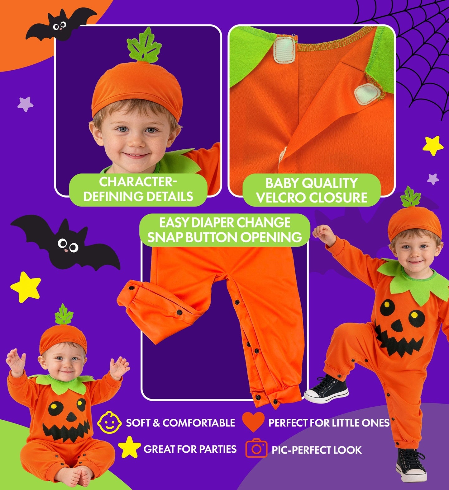 A multi-panel collage highlighting the details of a baby and toddler pumpkin costume, showing close-ups of the green leaf cap, the velcro back closure, the inner leg snap buttons for easy diaper changes, and a child wearing the outfit.