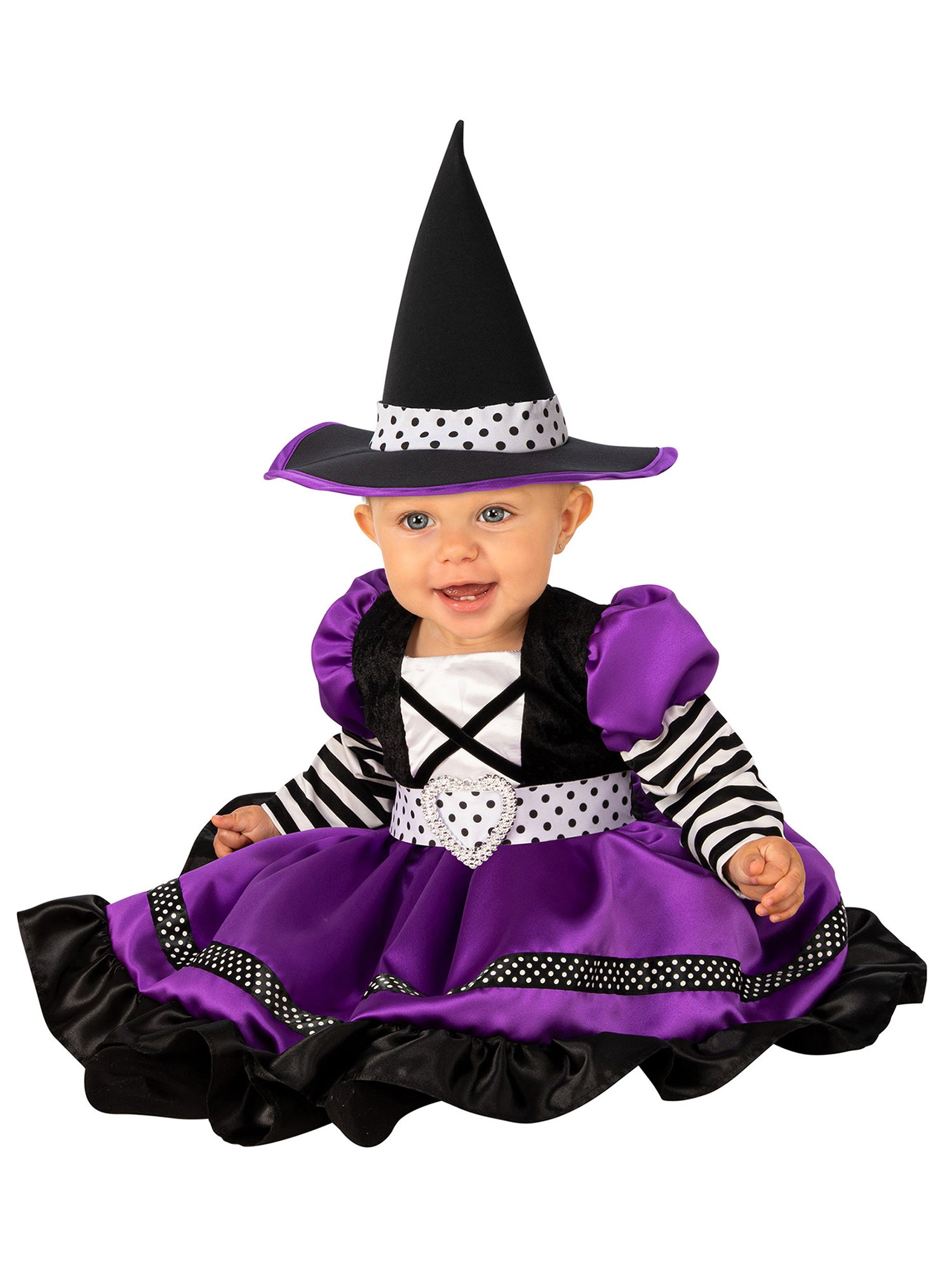 Toddler in a purple and black witch costume with a matching witch hat, designed for Halloween and dress-up occasions.