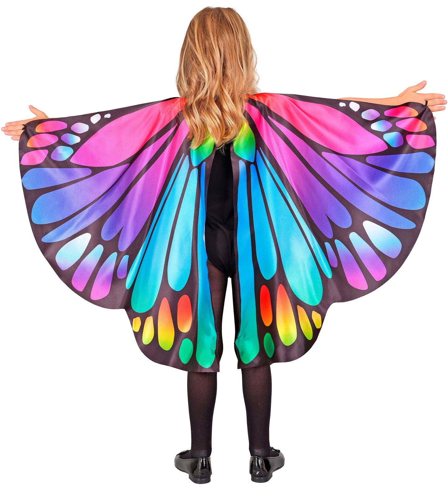 A child from the back, with arms outstretched, wearing vibrant multi-coloured butterfly wings in shades of pink, purple, blue, green, and orange, over a black outfit, against a white background.