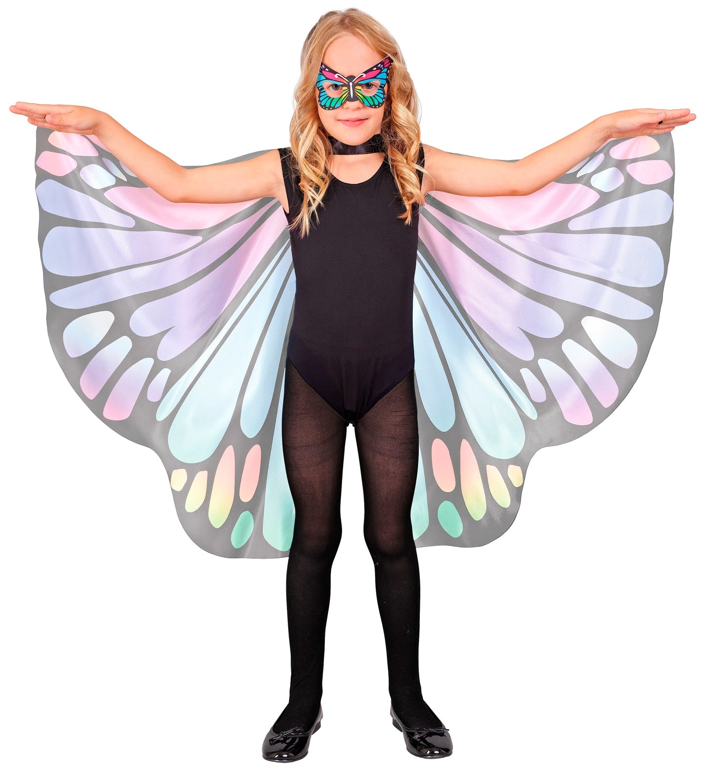 A child wearing a black leotard, black tights, and black shoes, with multi-coloured butterfly wings (featuring lighter pink, blue, and orange tones) and a matching butterfly eye-mask, standing with arms outstretched against a white background.