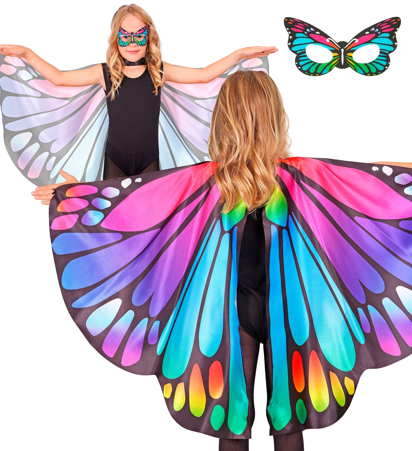 A composite image showing a child from the back wearing multi-coloured butterfly wings in bright pink, purple, and blue, with arms outstretched. In the upper right corner, a colourful butterfly eye-mask is displayed. A smaller, faded image of a child wearing the butterfly wings and mask from the front is visible in the background.