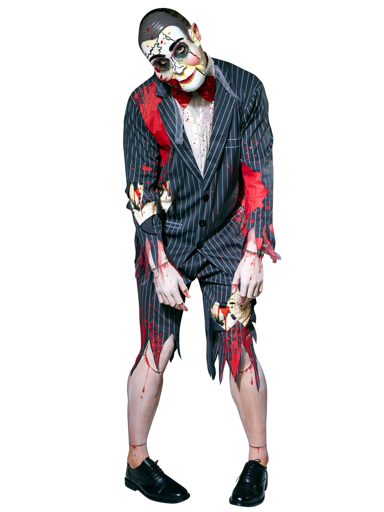 Men's Putrid Puppet Master Halloween costume featuring a blood-splattered pin-striped jacket with attached shirt and red bow tie, matching ripped trousers, and a horrifying puppet mask.