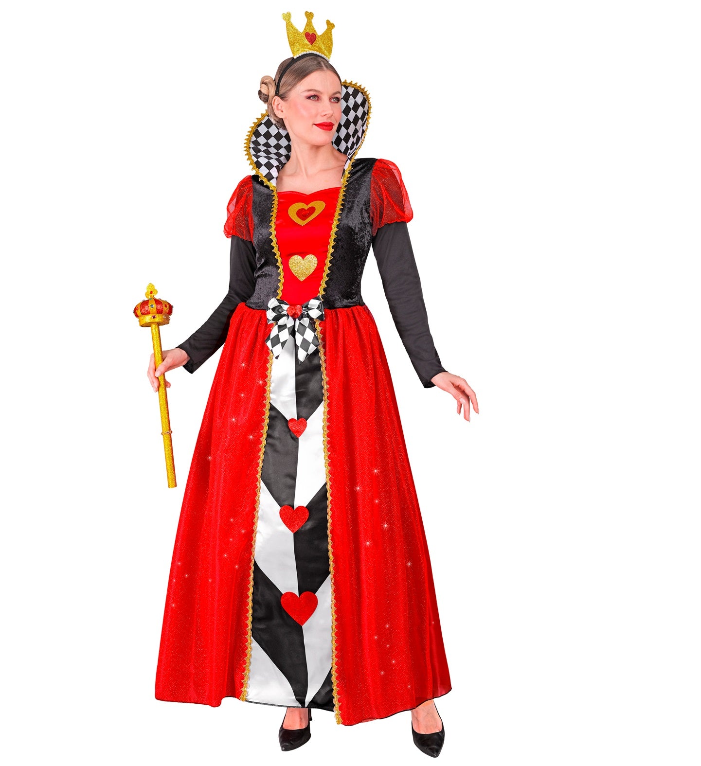Front view of the Queen of Hearts costume featuring a red glitter gown, harlequin ruff collar, and gold heart details.