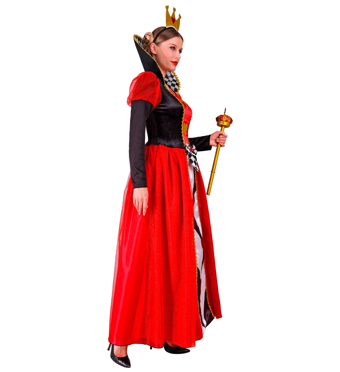 Side view of the Queen of Hearts dress showing the high structured collar, puffed shoulders, and flowing red skirt.