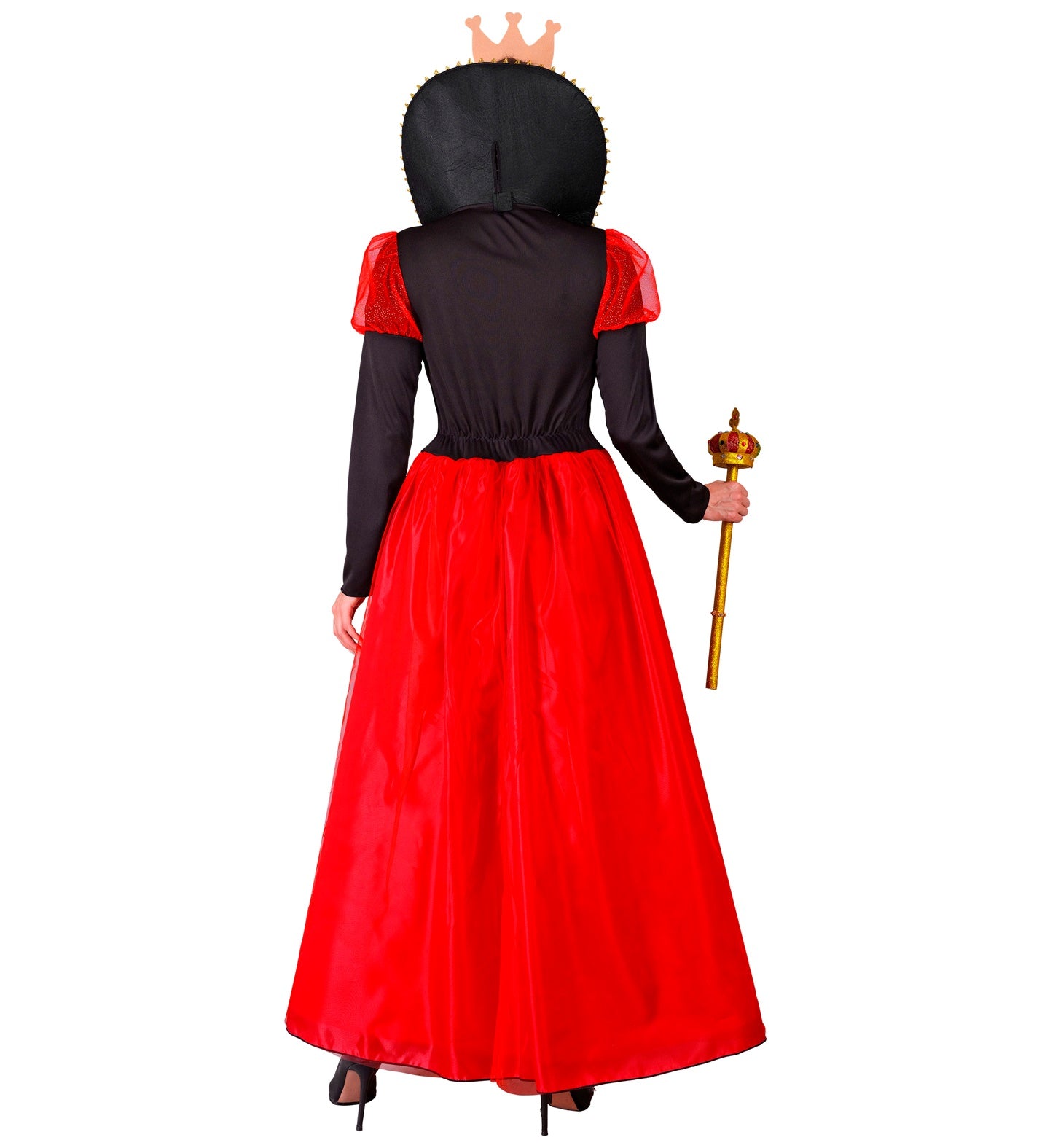 Rear view of the Queen of Hearts costume highlighting the tall black collar, red organza puffed sleeves, and long skirt.