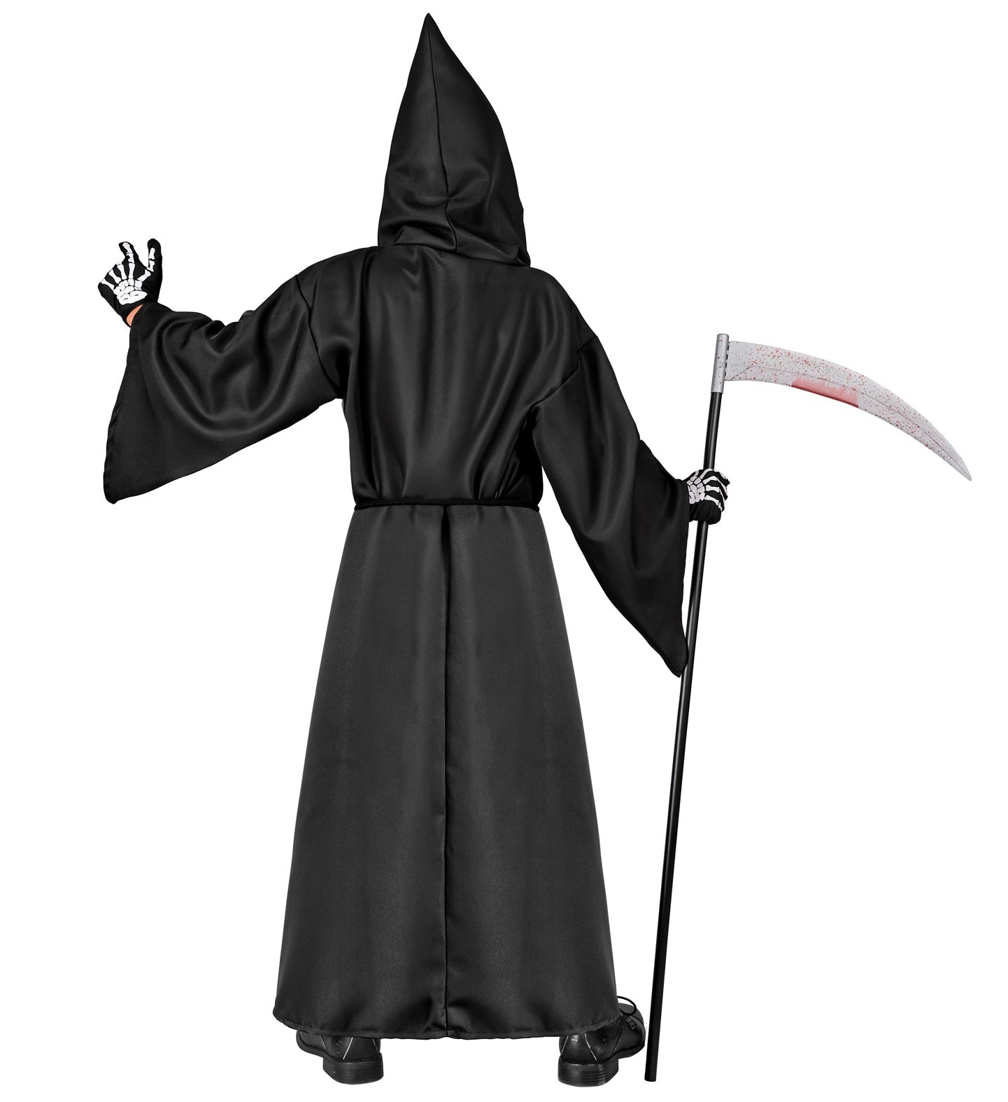 Back view of the child's Grim Reaper costume, showing the long black hooded robe and skeleton-gloved hands.