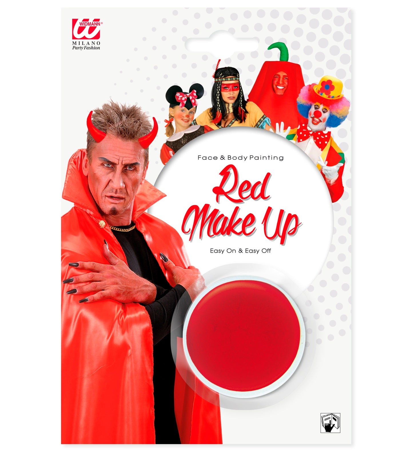Red face paint kit with a man in red makeup and various costumes on a white background.