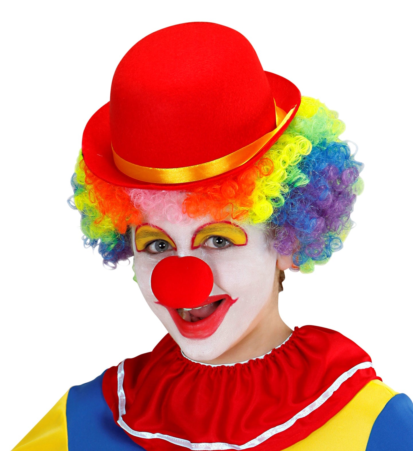 Child in full clown face paint and a rainbow wig wearing a red felt bowler hat.
