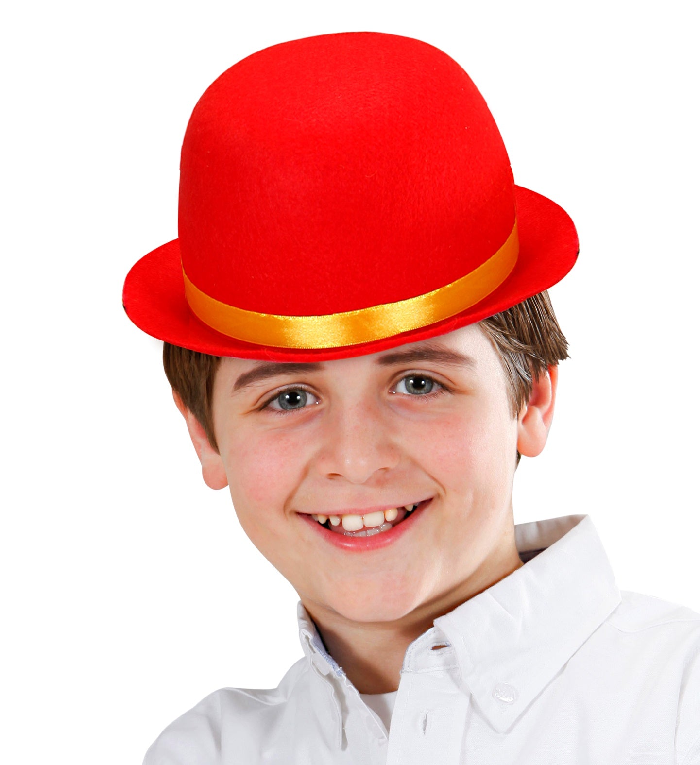Child smiling while wearing a bright red felt bowler hat with a yellow ribbon band.