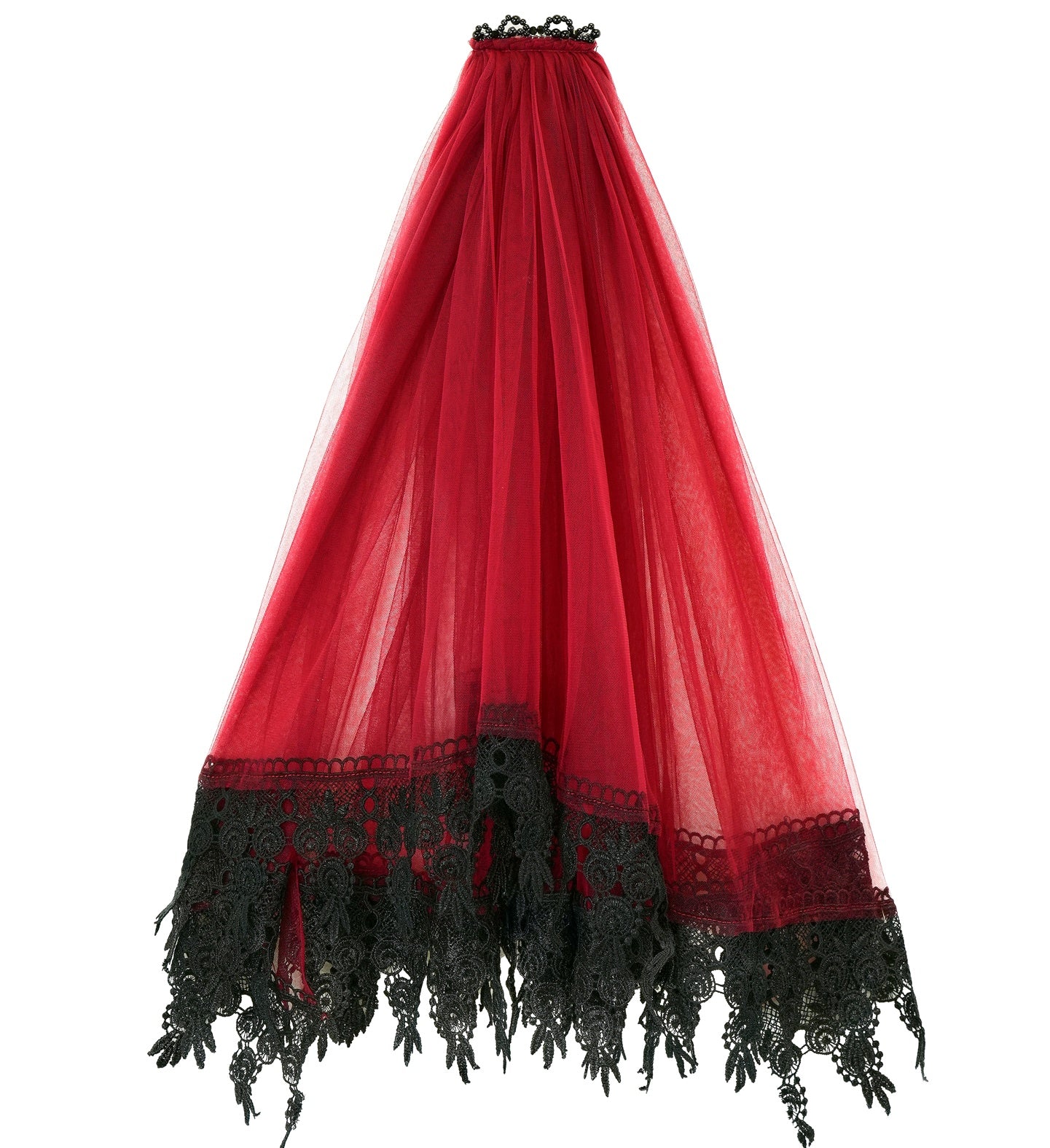 A straight-on flat lay view of a draped red tulle veil, showcasing the detailed thick black floral lace trim along the scalloped bottom edge and the beaded black comb at the top.