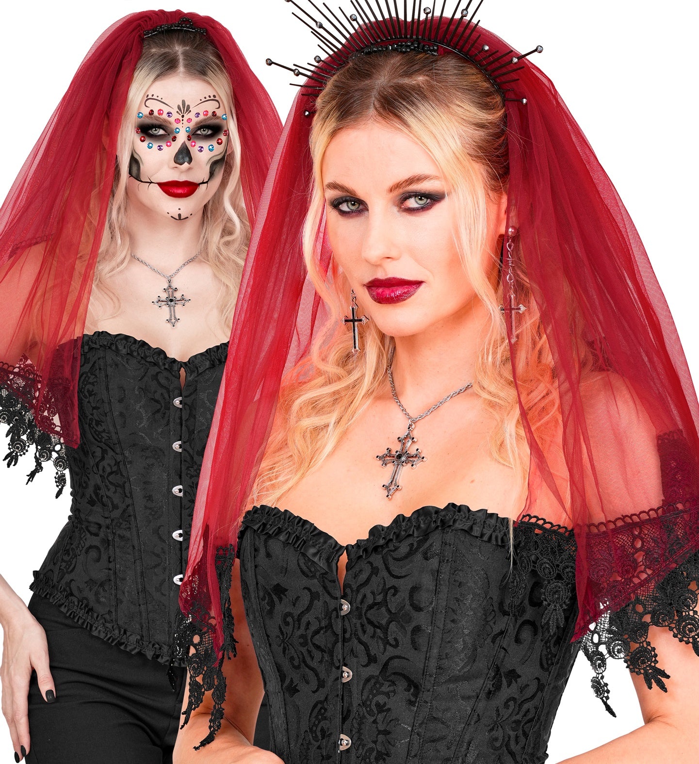 A split photo showing two ways to style a red and black lace veil; on the left, a model with colorful sugar skull Day of the Dead makeup, and on the right, a model with dark gothic vampire makeup and a spiked halo.