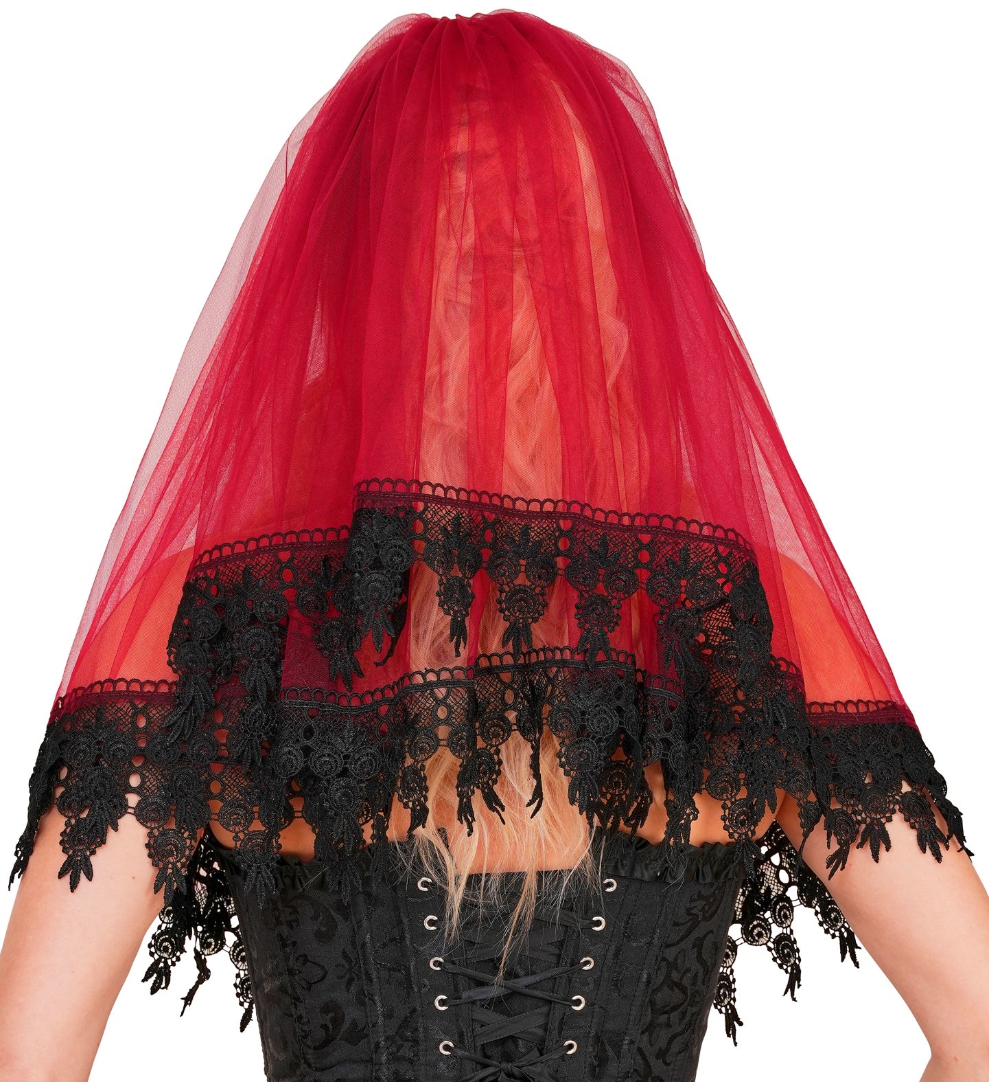 The back view of a woman wearing a black corset and a vibrant red tulle veil, showing the sheer fabric cascading down her back, finished with a heavy, ornate black lace scalloped border.