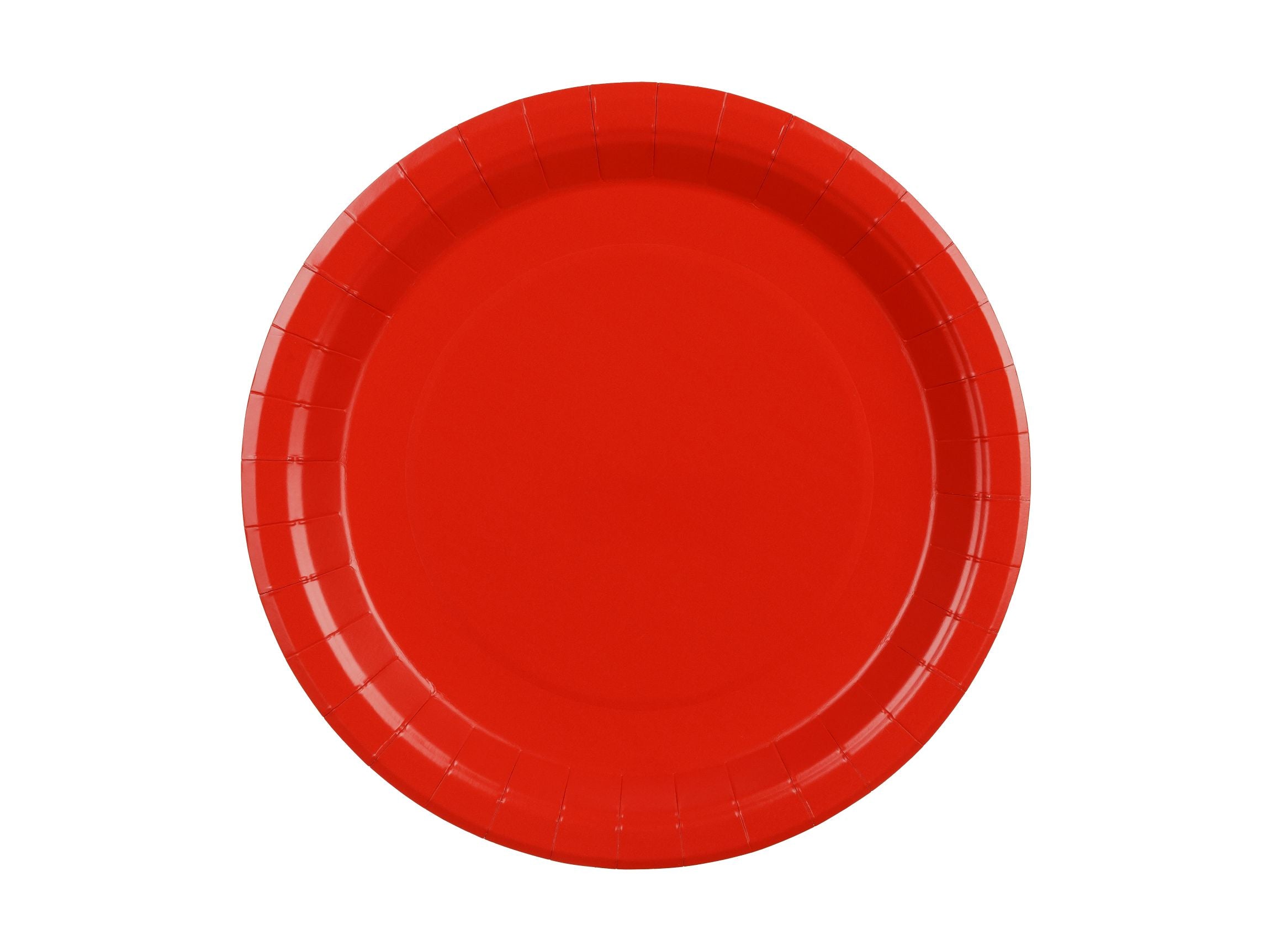 A single bright red disposable paper plate (approx. 23cm diameter).
