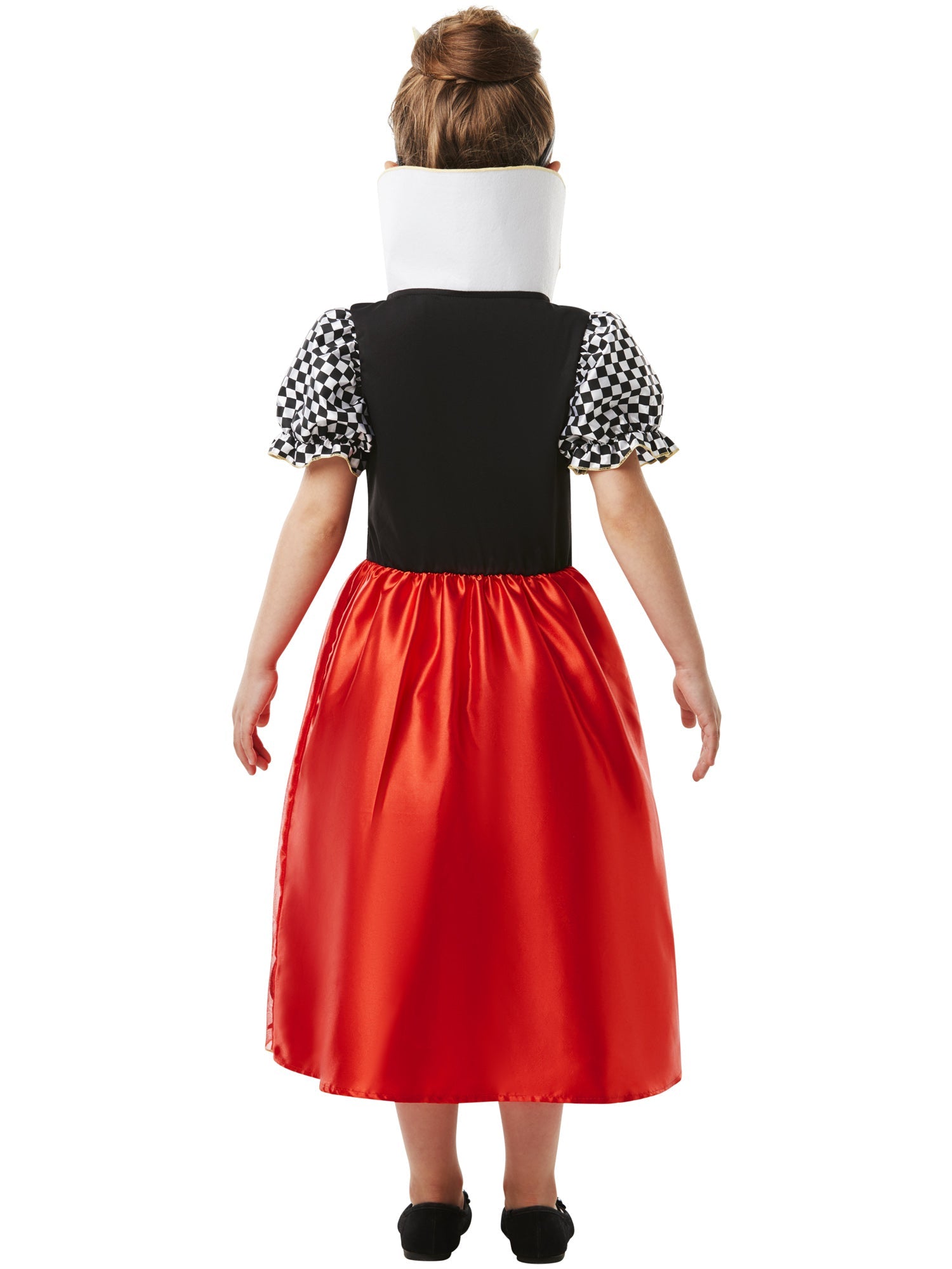The back of the girls' Queen of Hearts dress showing the high white collar and vibrant red satin-look skirt.