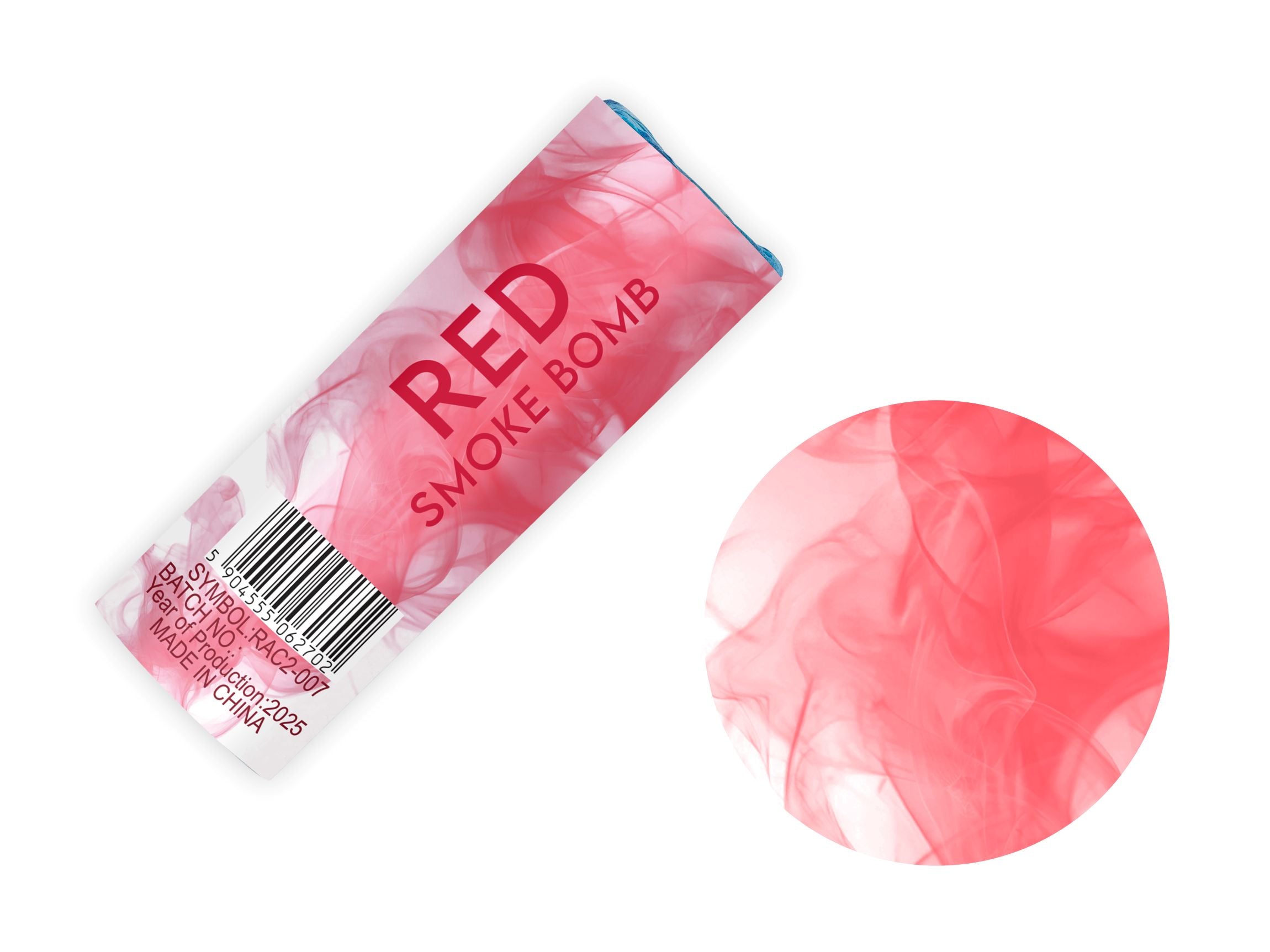 A red smoke bomb featuring a crimson smoke-swirl design and batch details, pictured next to a circular preview of the red smoke effect.