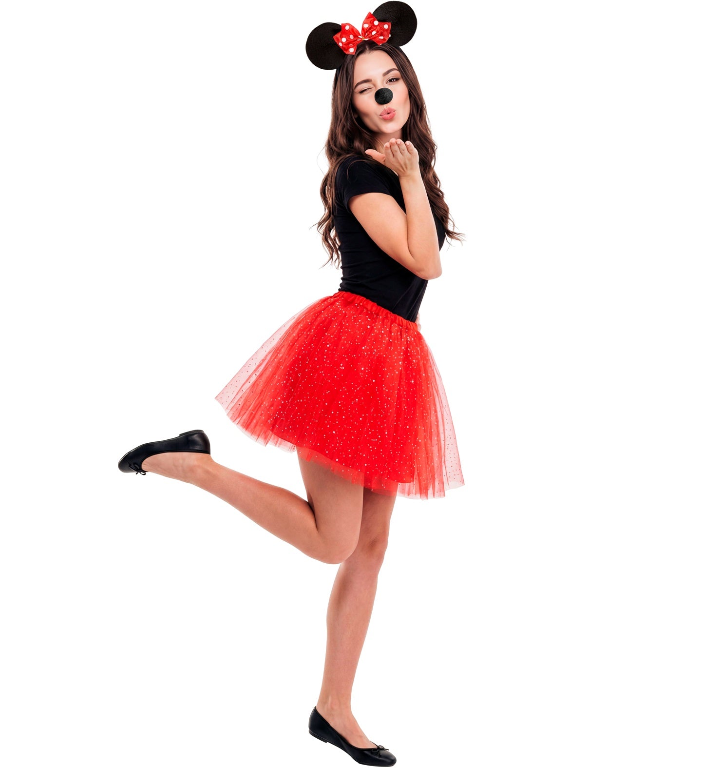 A woman blowing a kiss while wearing a playful fancy dress costume featuring a black t-shirt, mouse ears, a black nose, and a vibrant 40cm red sparkling layered tutu.