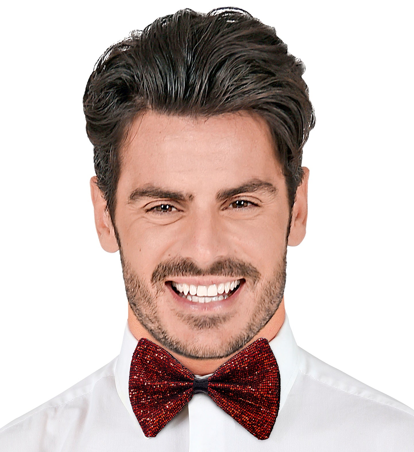 A smiling man modeling the unisex red sparkly bowtie with a white collared shirt.