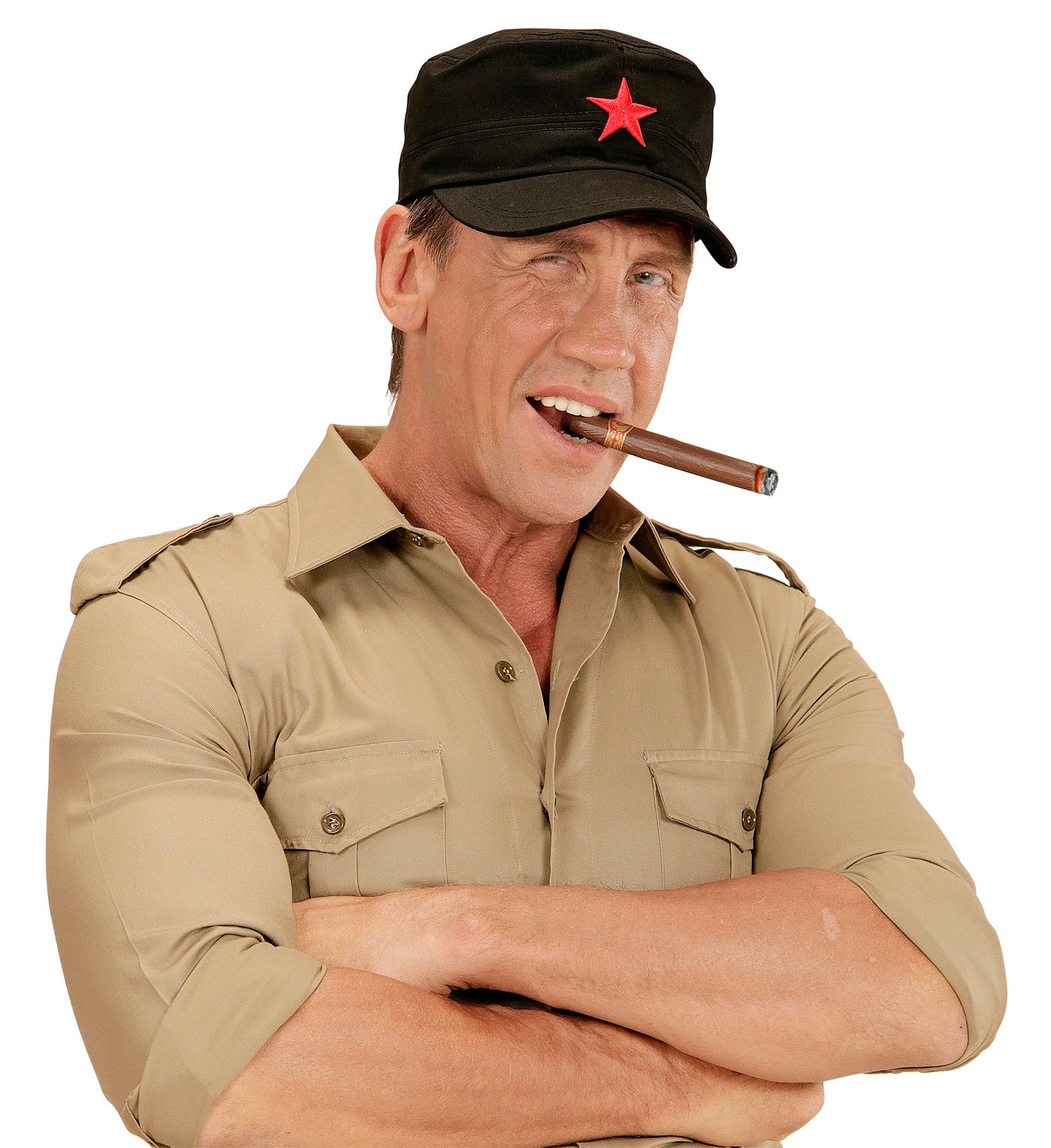 A man wearing a tan military shirt and a black Red Star Cap, posing with a prop cigar for a revolutionary-themed costume.