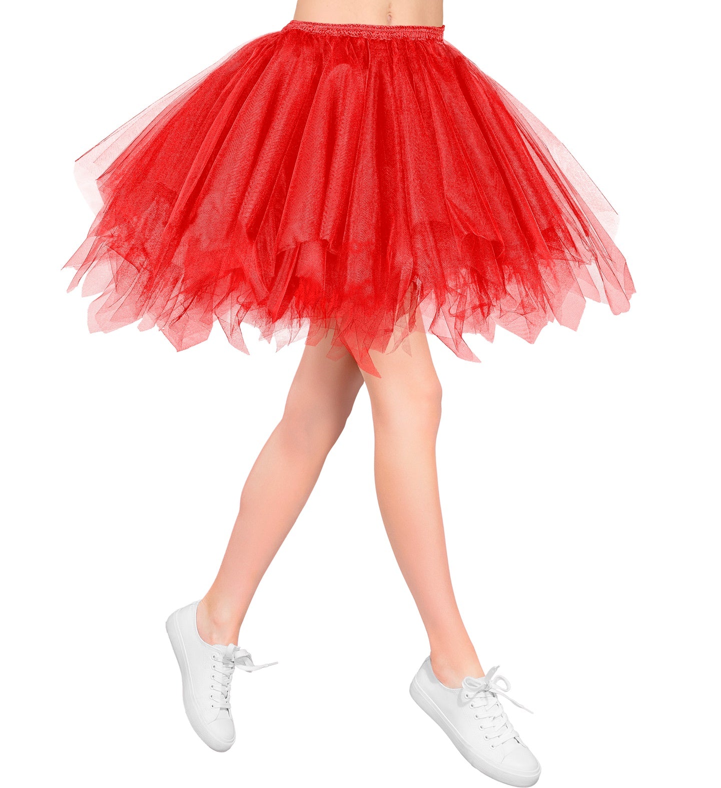 Woman's legs wearing a short, fluffy red tutu skirt with white trainers.