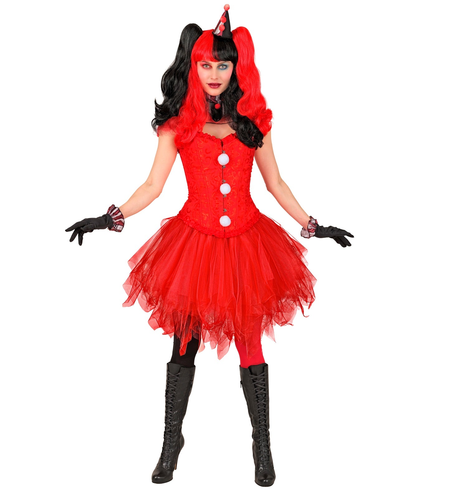 Woman in a full harlequin clown costume, featuring a red and black corset and the red layered tutu skirt.