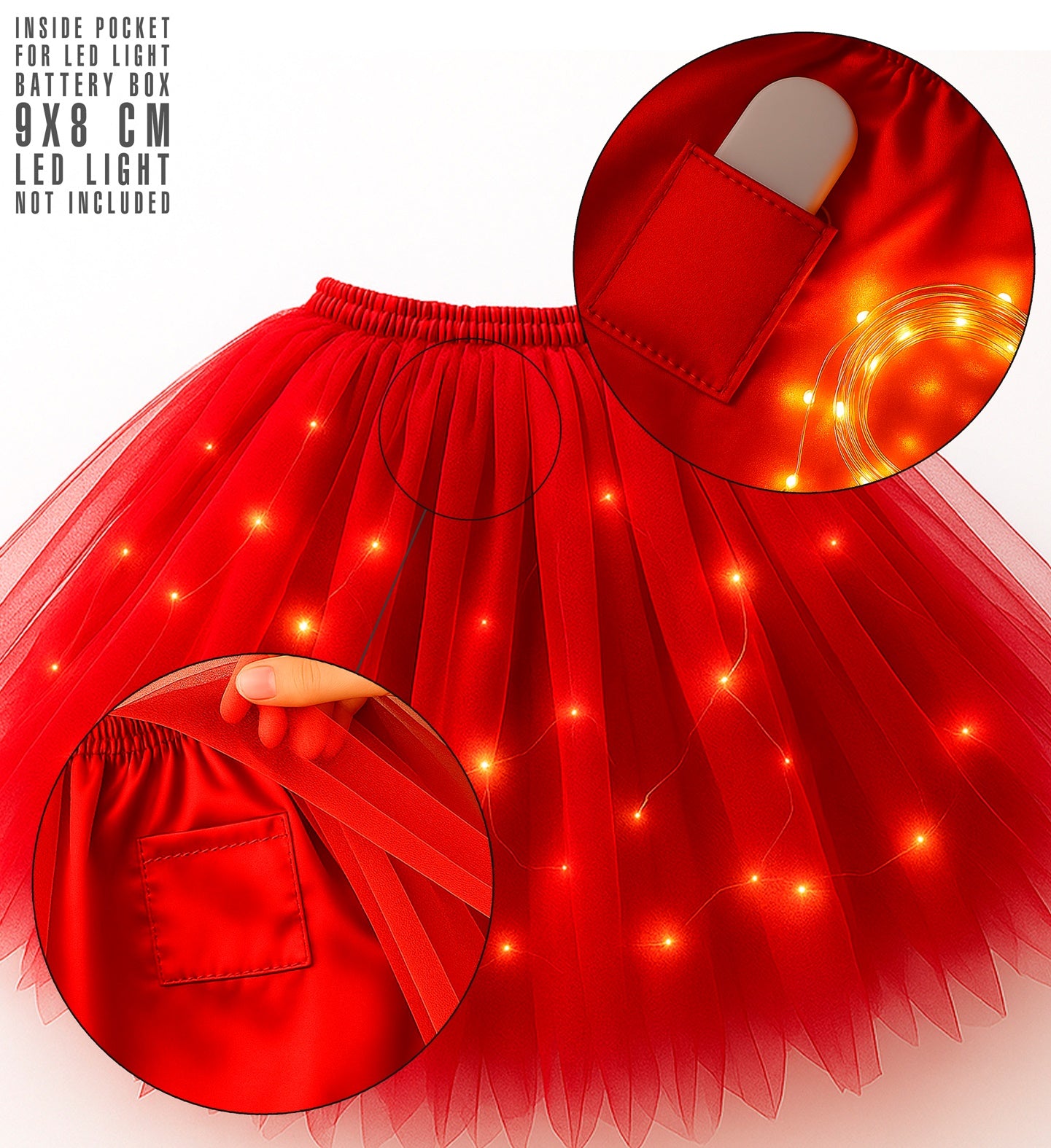 Detailed view of the red tutu skirt showing the inner pocket designed for an LED light battery box and an example of fairy lights woven through the tulle.
