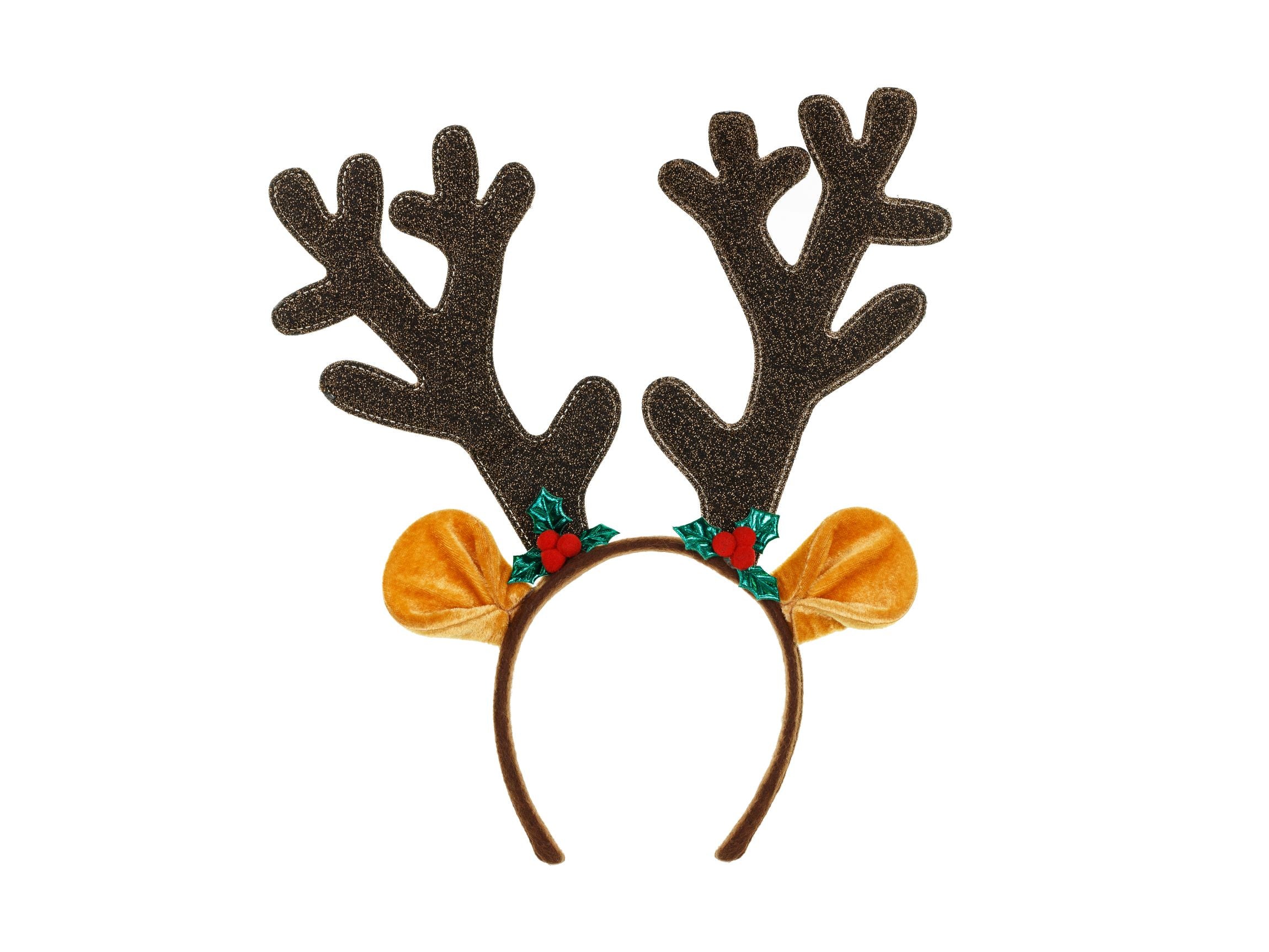 A festive reindeer antler headband with sparkly brown antlers, plush golden-brown ears, and a red and green holly decoration.