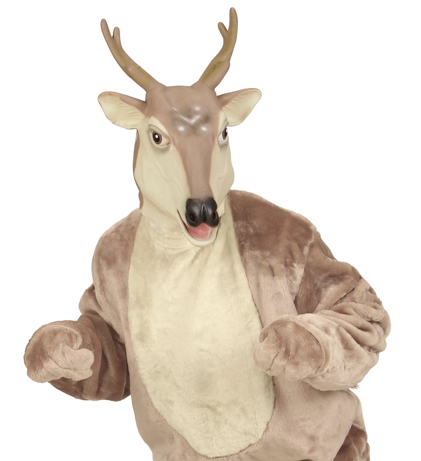 A person wearing a full reindeer costume, focusing on the overhead latex mask with antlers and a furry brown and cream body suit, posed against a white background.