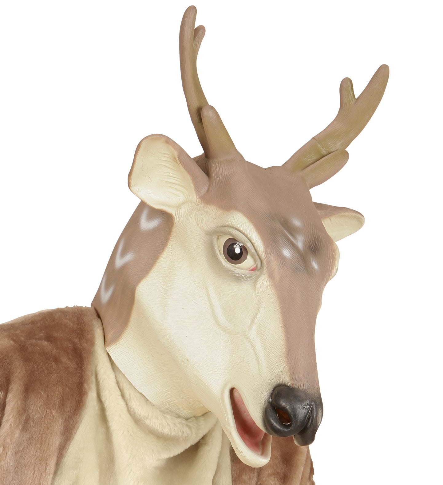 A close-up side view of a realistic brown and cream-colored reindeer overhead latex mask with light brown antlers, showing its detailed face and open mouth, designed for costume wear.