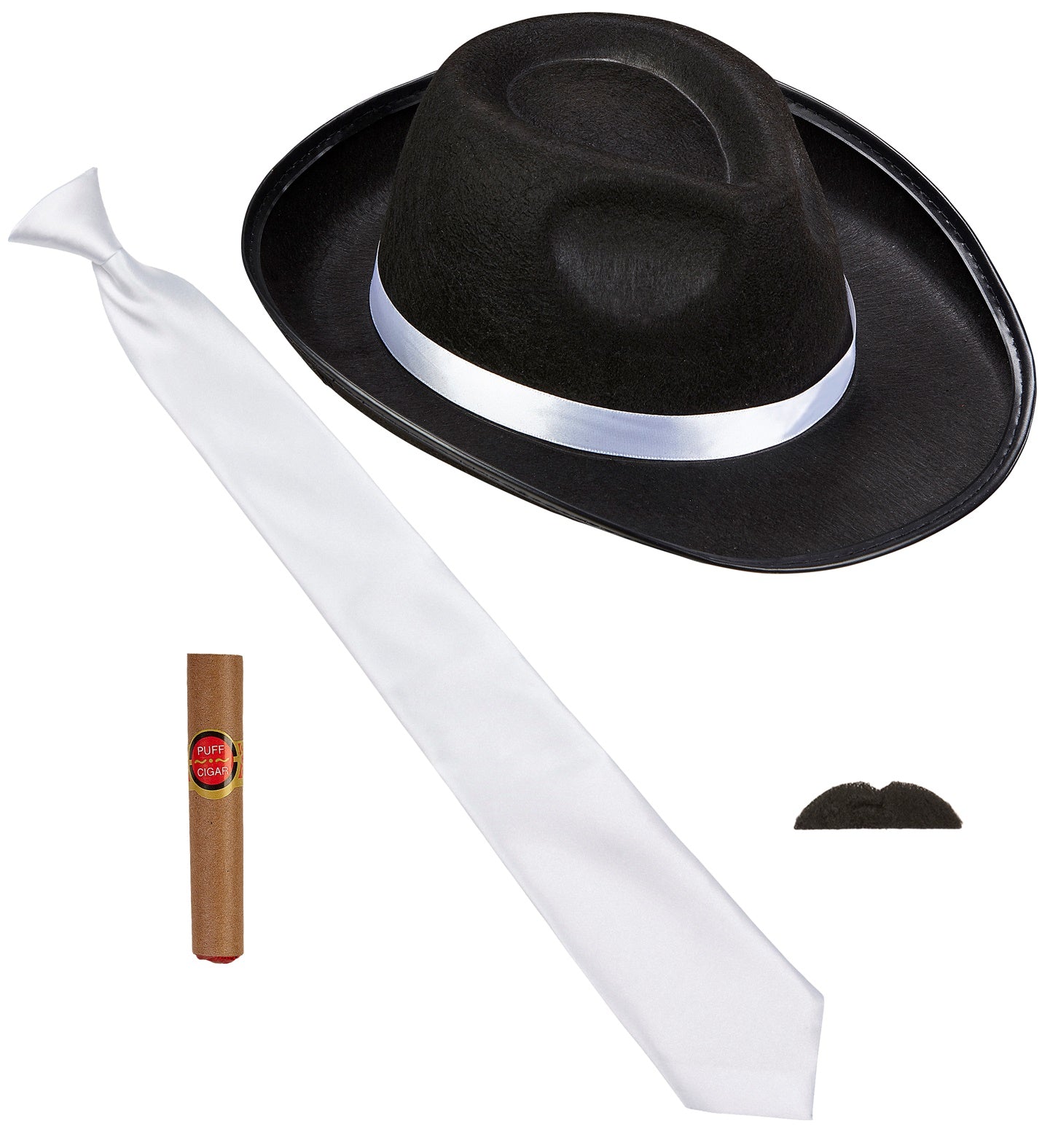 Flat lay of a 4-piece gangster costume accessory kit showing a black fedora with a white band, a white tie, a small black moustache, and a prop puff cigar.