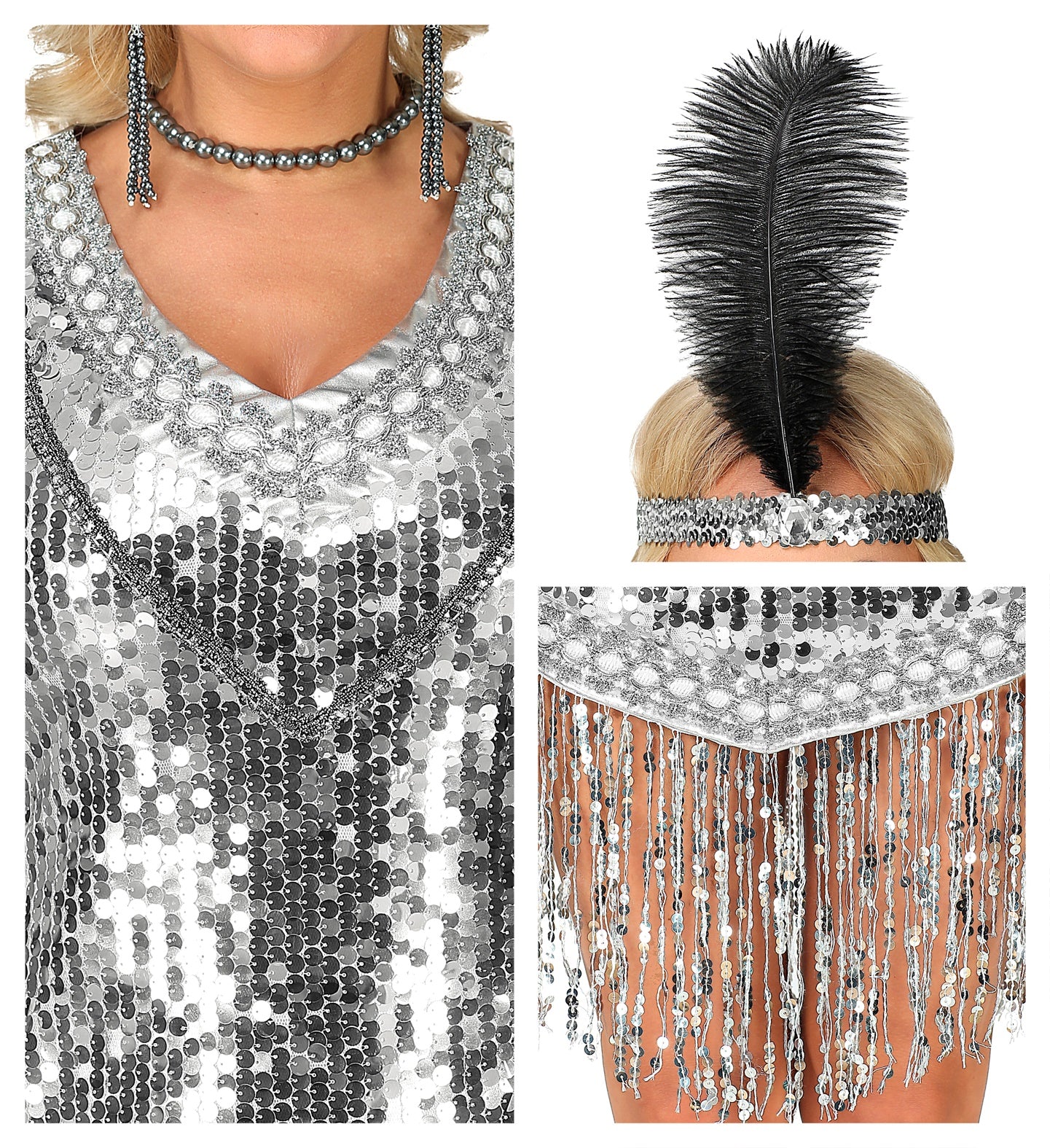 Close-up of the silver sequin neckline, upright black feather headband, and shimmering tassels on the 20's flapper outfit.