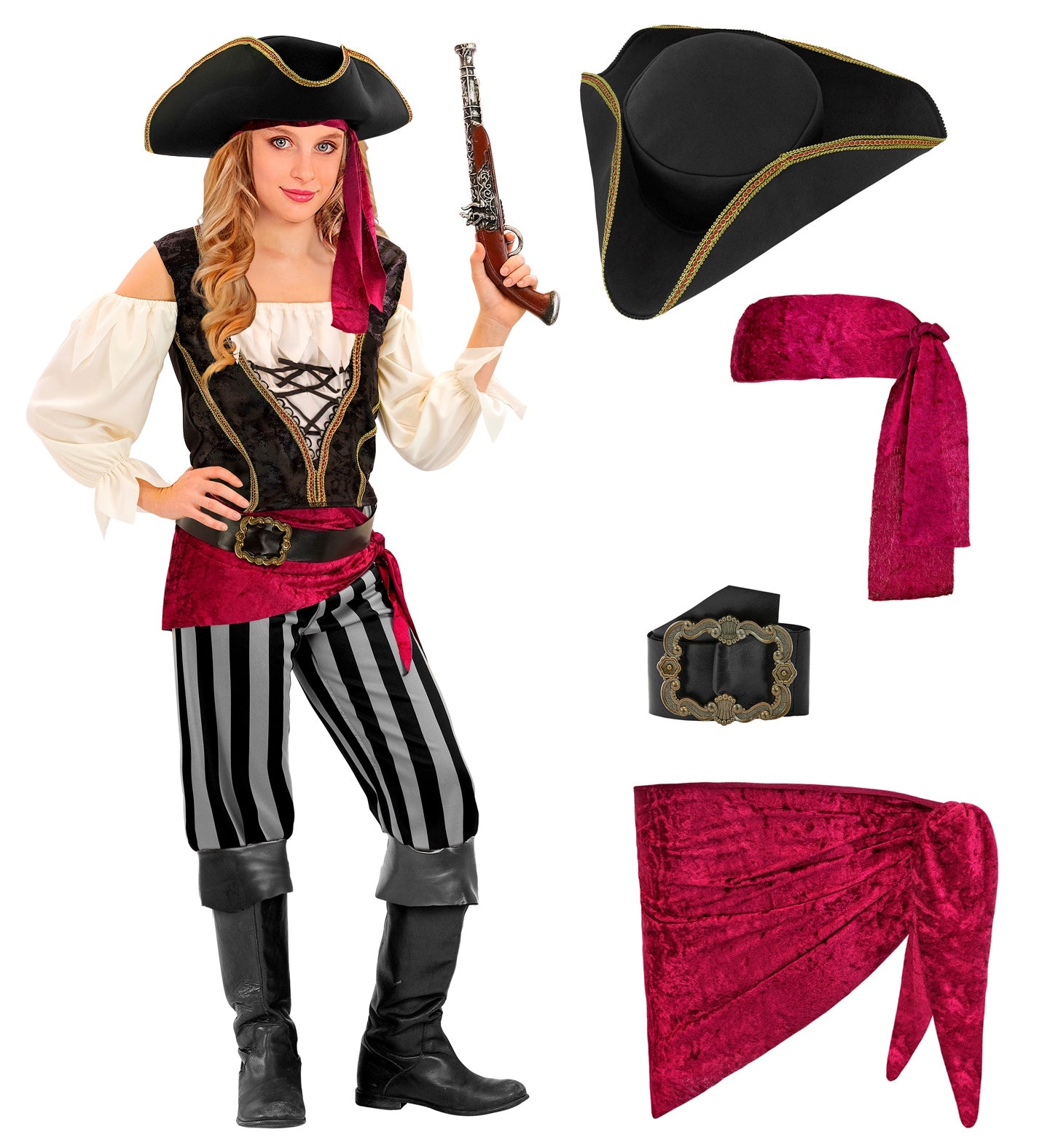A composite image showing a child wearing a Pirate Rogue costume on the left, and a deconstructed view of the costume components on the right, including a black tricorn hat with gold trim, a red velvet headband, a black belt with a large ornate buckle, and a red velvet sash, all against a white background.