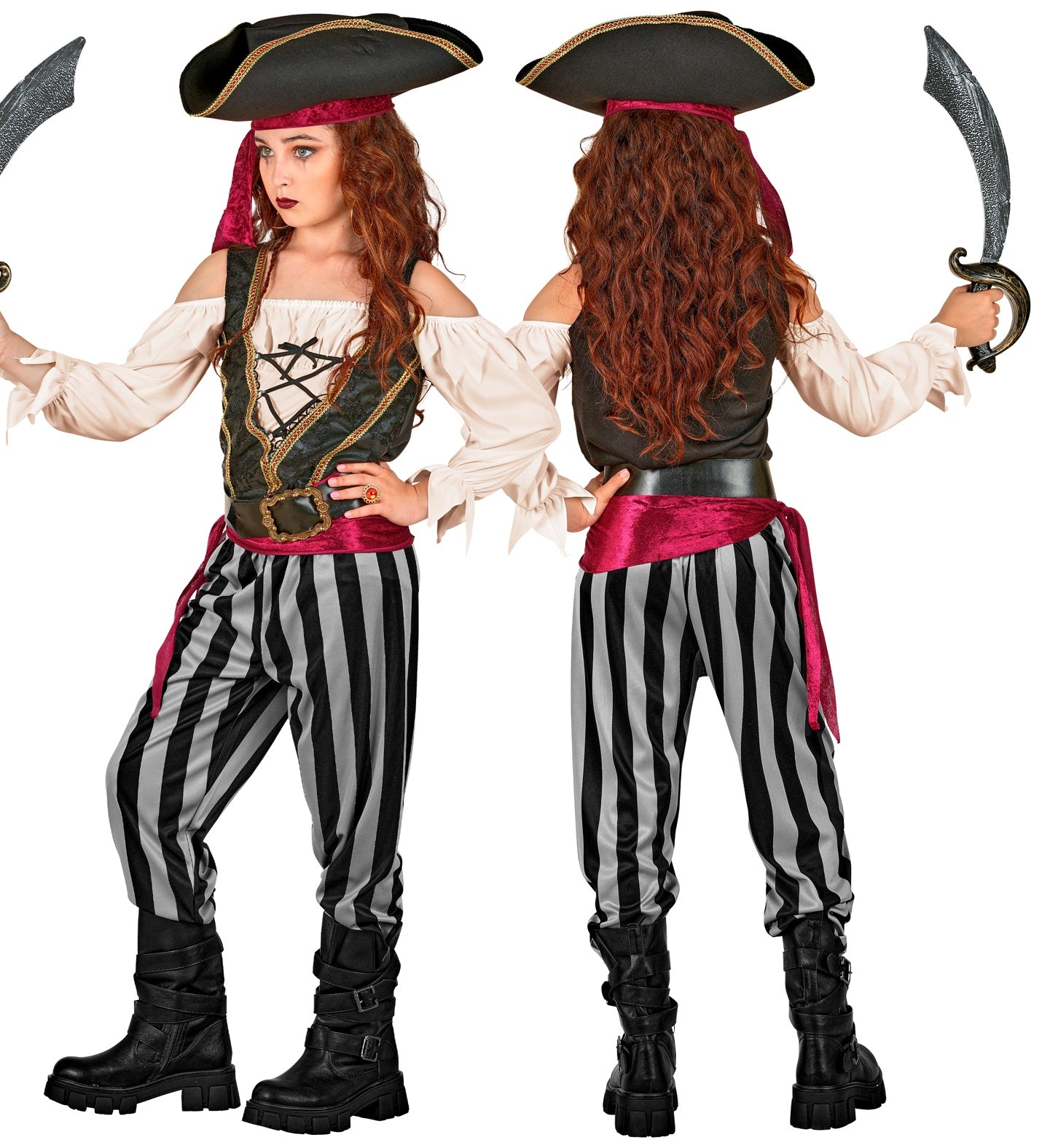 A composite image showing a child with long red hair wearing a Pirate Rogue costume from a side profile (holding a prop cutlass) and a back view, highlighting the details of the black tricorn hat, red headband, off-white shirt, black vest, black and white striped pants, and black boots.