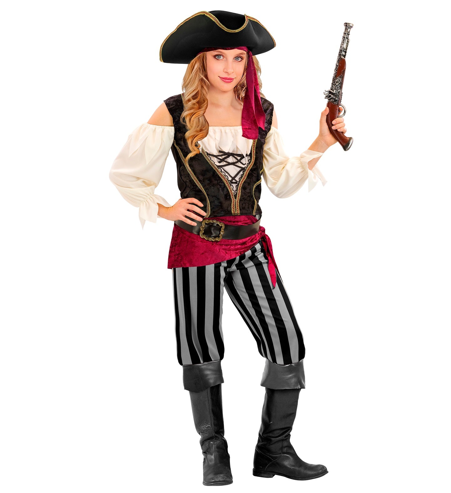 A child posing in a Pirate Rogue costume, featuring a black tricorn hat with gold trim, a red headband, an off-white peasant shirt with a black and gold corset-style vest, black and white striped puffy pants, a red sash, a black belt with a gold buckle, and black boots, holding a prop flintlock pistol.
