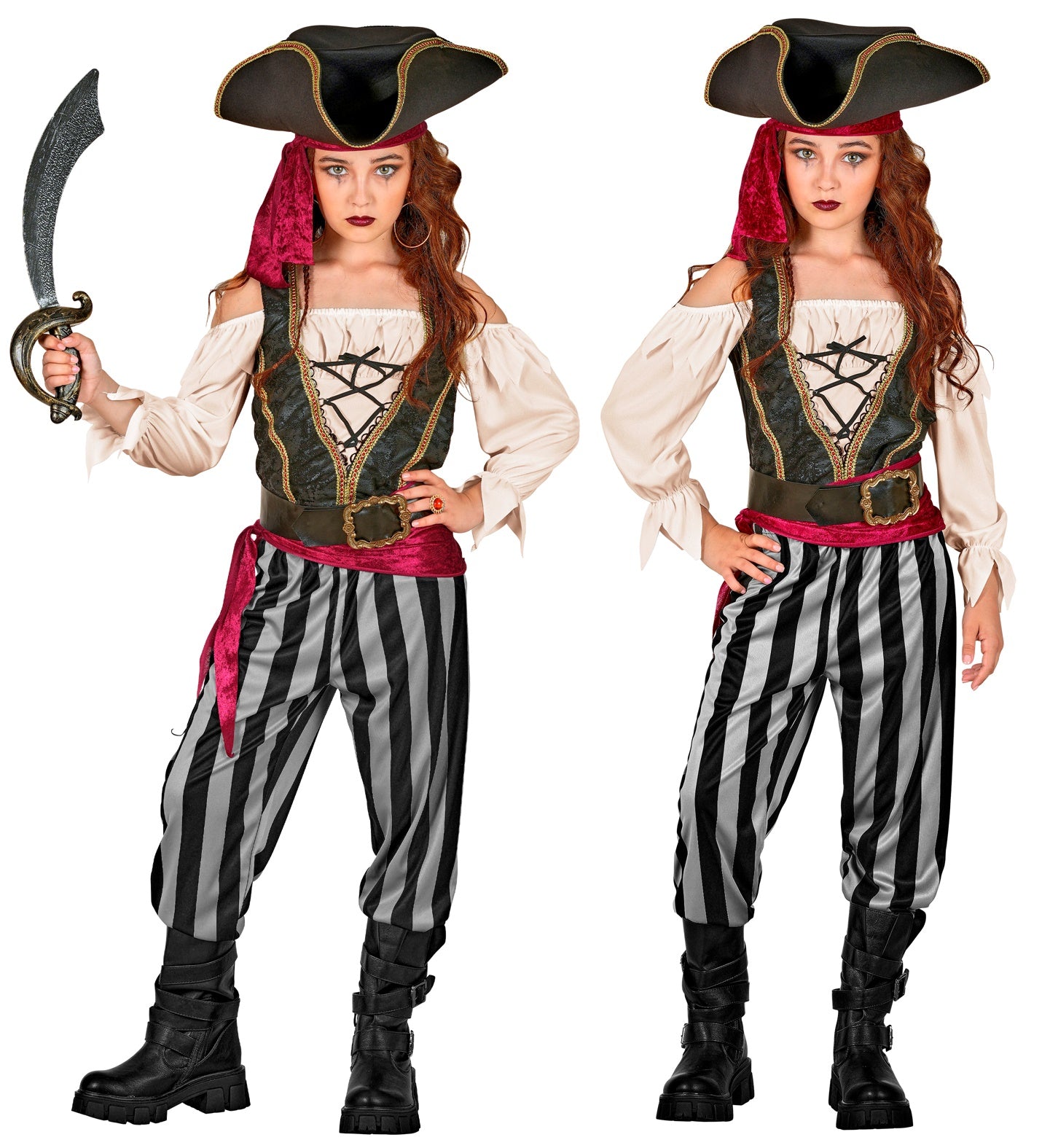 A composite image showing a child with long red hair wearing a Pirate Rogue costume from two slightly different full-body angles, holding a prop cutlass. The costume includes a black tricorn hat, red headband, off-white shirt, black vest, black and white striped pants, and black boots.