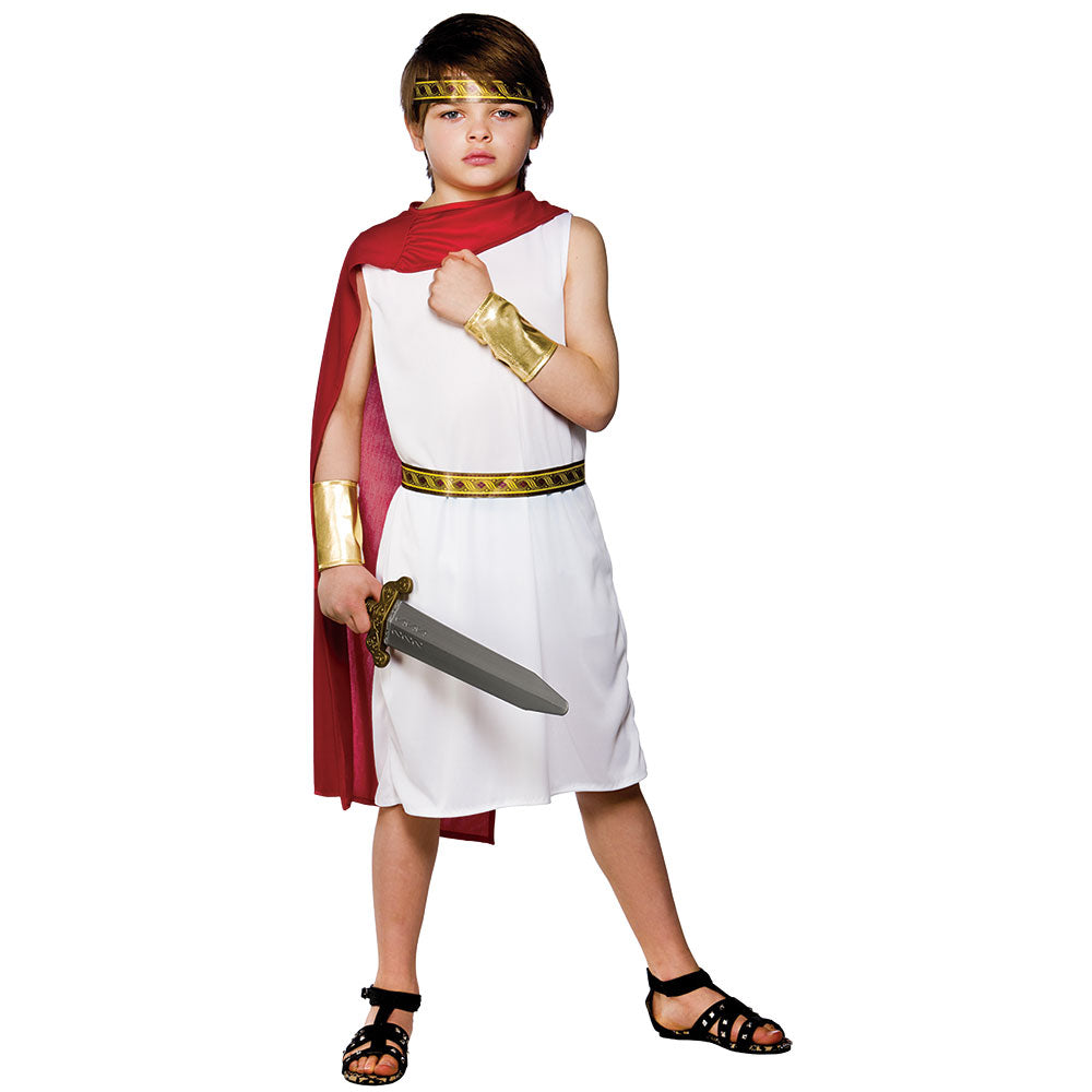 A child posing in a Roman fancy dress costume, featuring a white sleeveless tunic with gold trim, an attached flowing red shoulder cape, gold wrist gauntlets, and a matching gold headband while holding a toy sword.