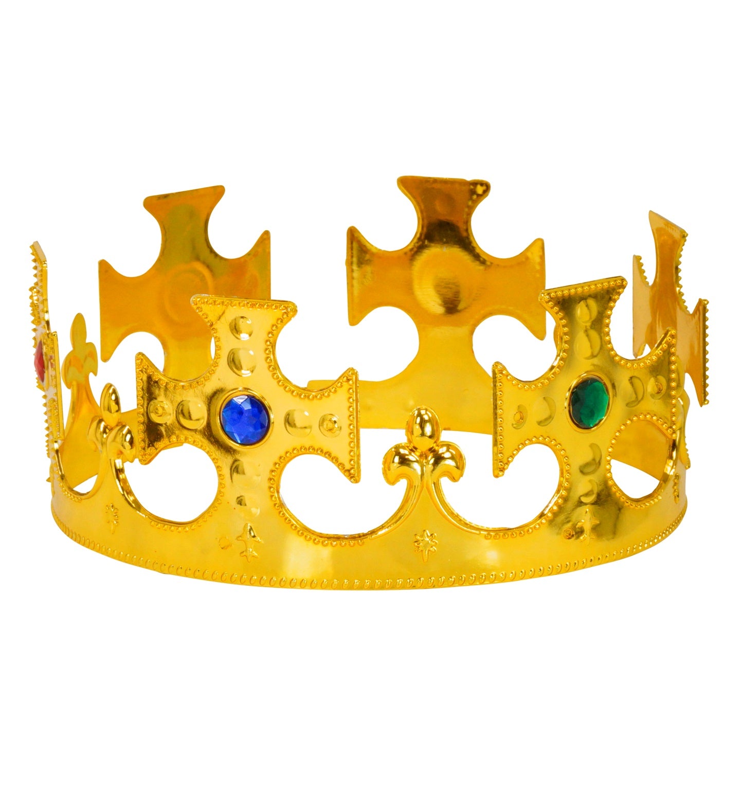 A plastic gold royal crown with red, blue, and green faux jewels.