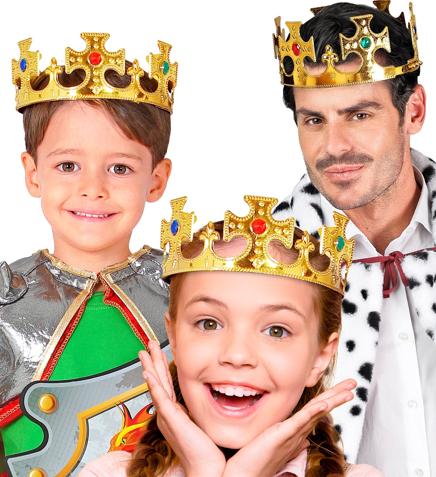 A collage showing a man and a child both wearing the adjustable gold crown with faux jewels and royal robes.