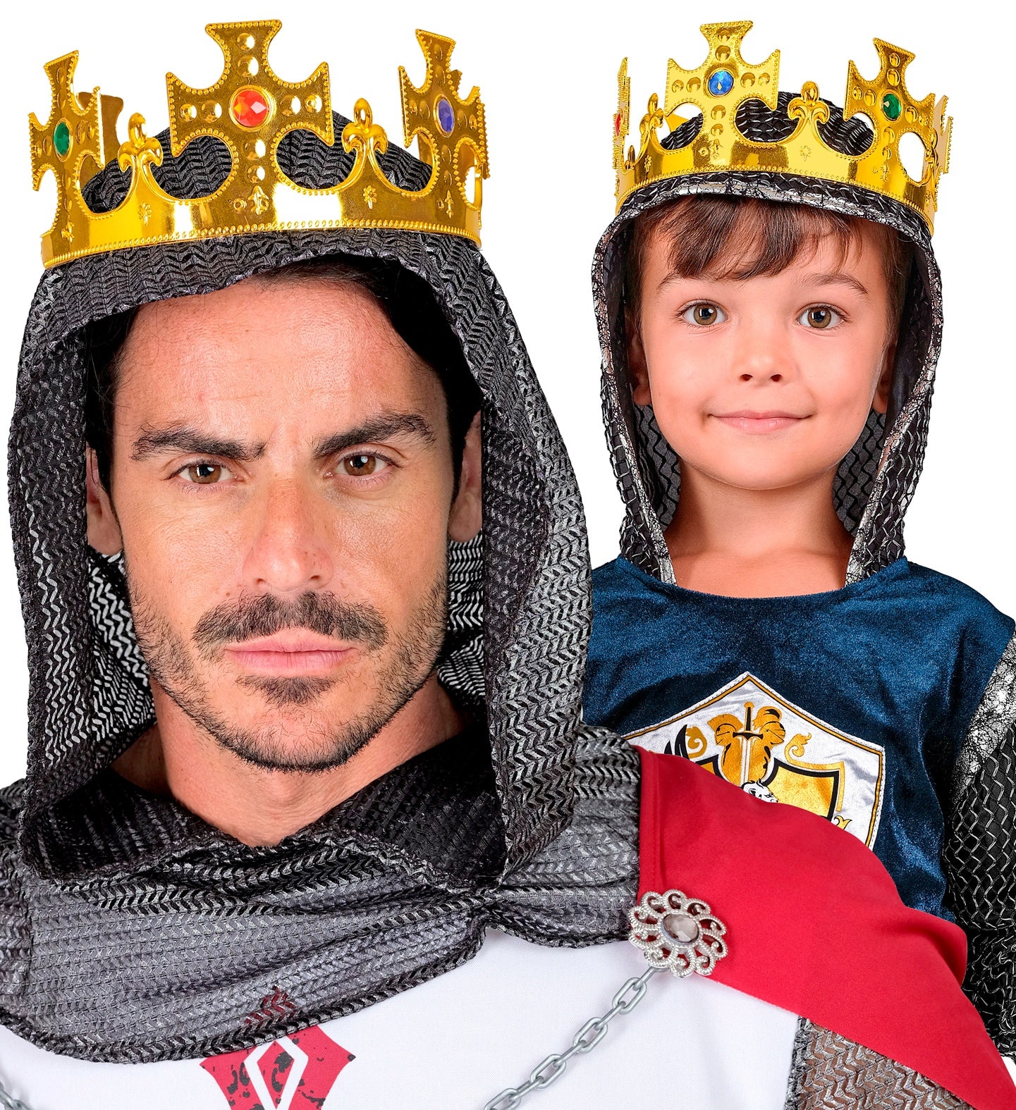 A man wearing the adjustable gold crown over a knight's chainmail and a red cape.
