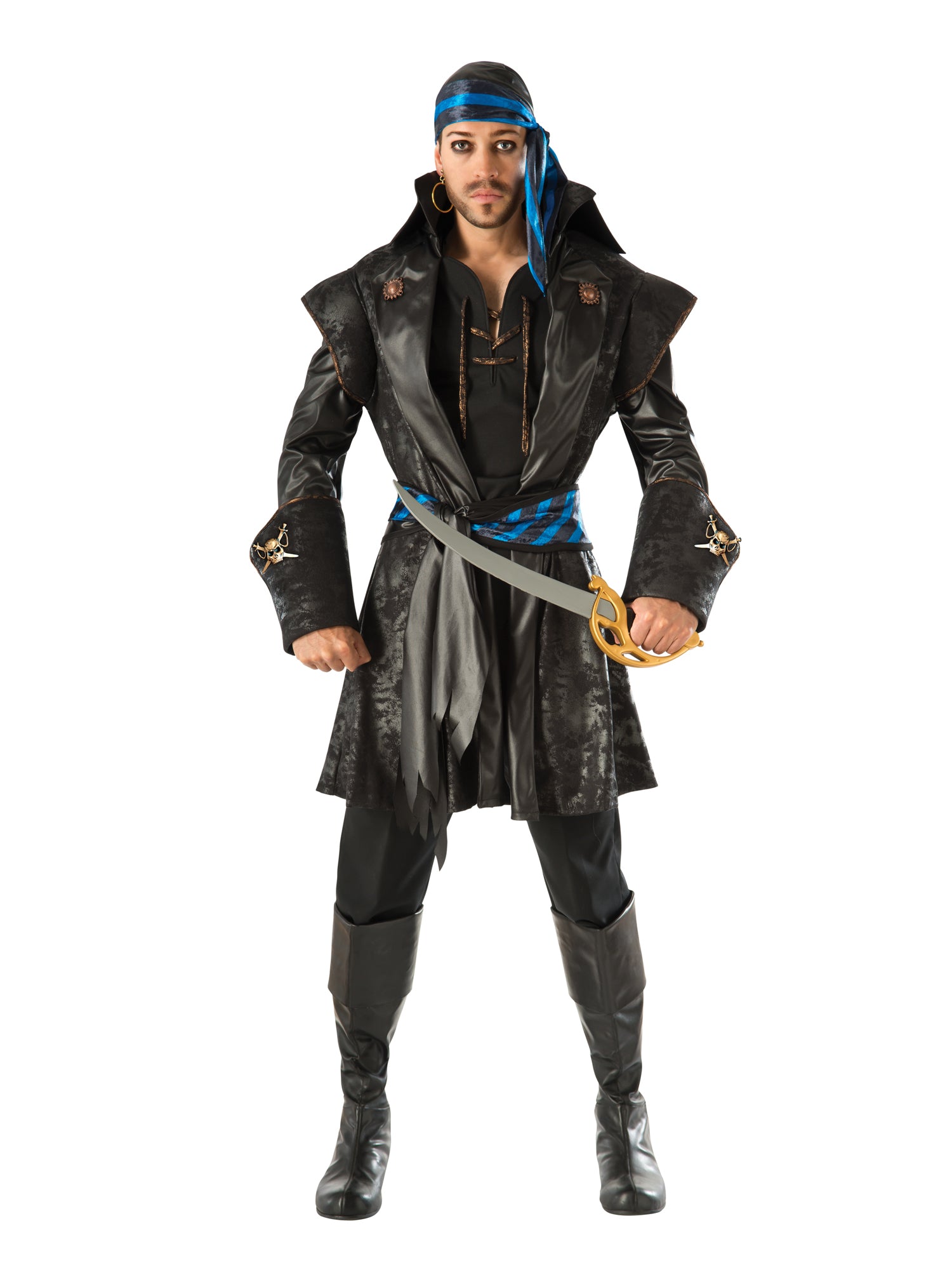 Man wearing a Rum Runner Pirate costume, featuring a black jacket with skull details, black vest, blue and black striped belt sash, black trousers, black boots, and a blue and black bandana headpiece.