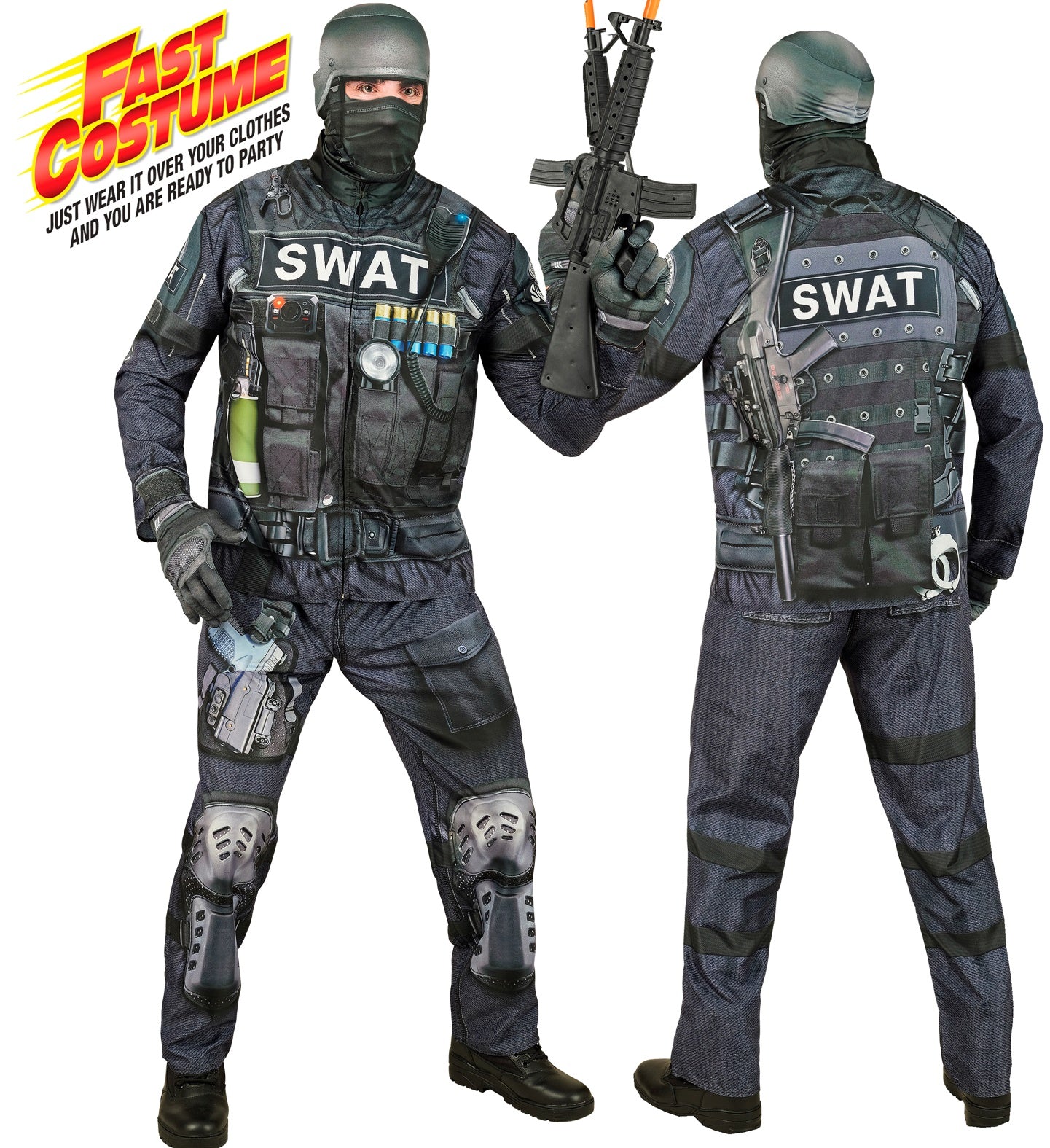 Man models the SWAT 'Fast Costume', showing the 3D printed tactical gear on a jacket and pants designed to be worn over clothes.