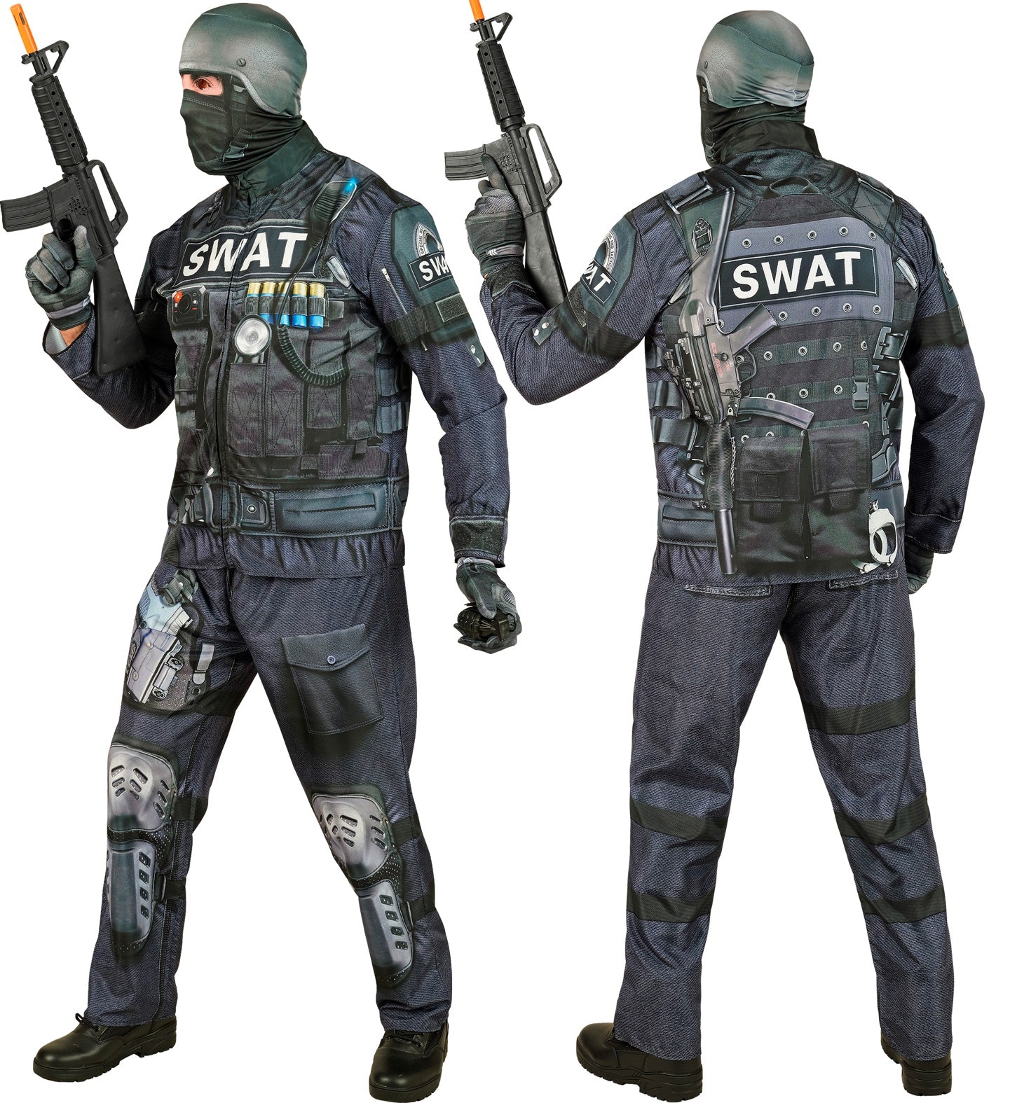 Side and back views of the adult SWAT costume, highlighting the detailed photorealistic 3D print of vests, pouches, and weapons.